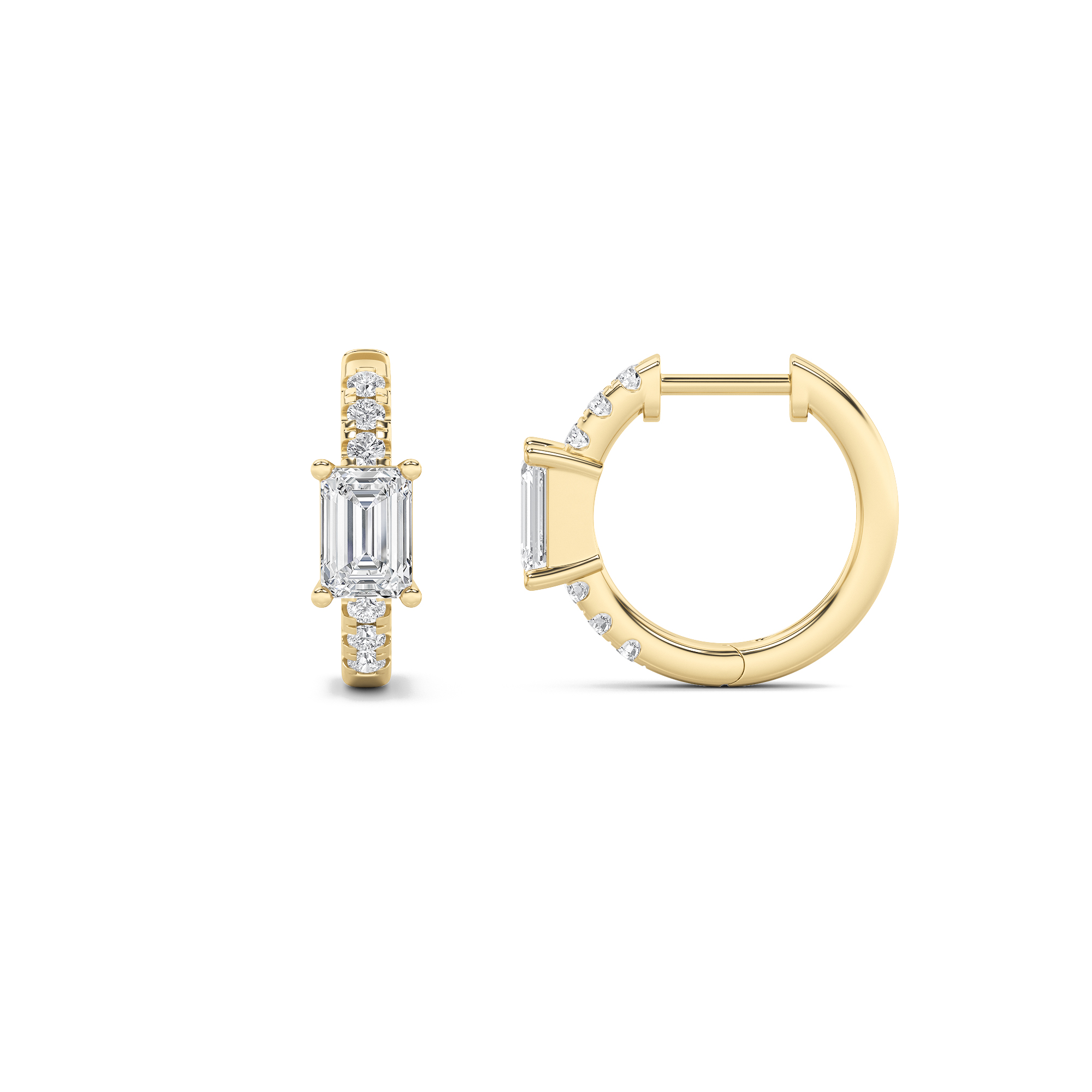 1.5Cttw Emerald Shaped Lab Grown Diamond (F/VS) Accented Huggie Earrings in 14K Yellow Gold