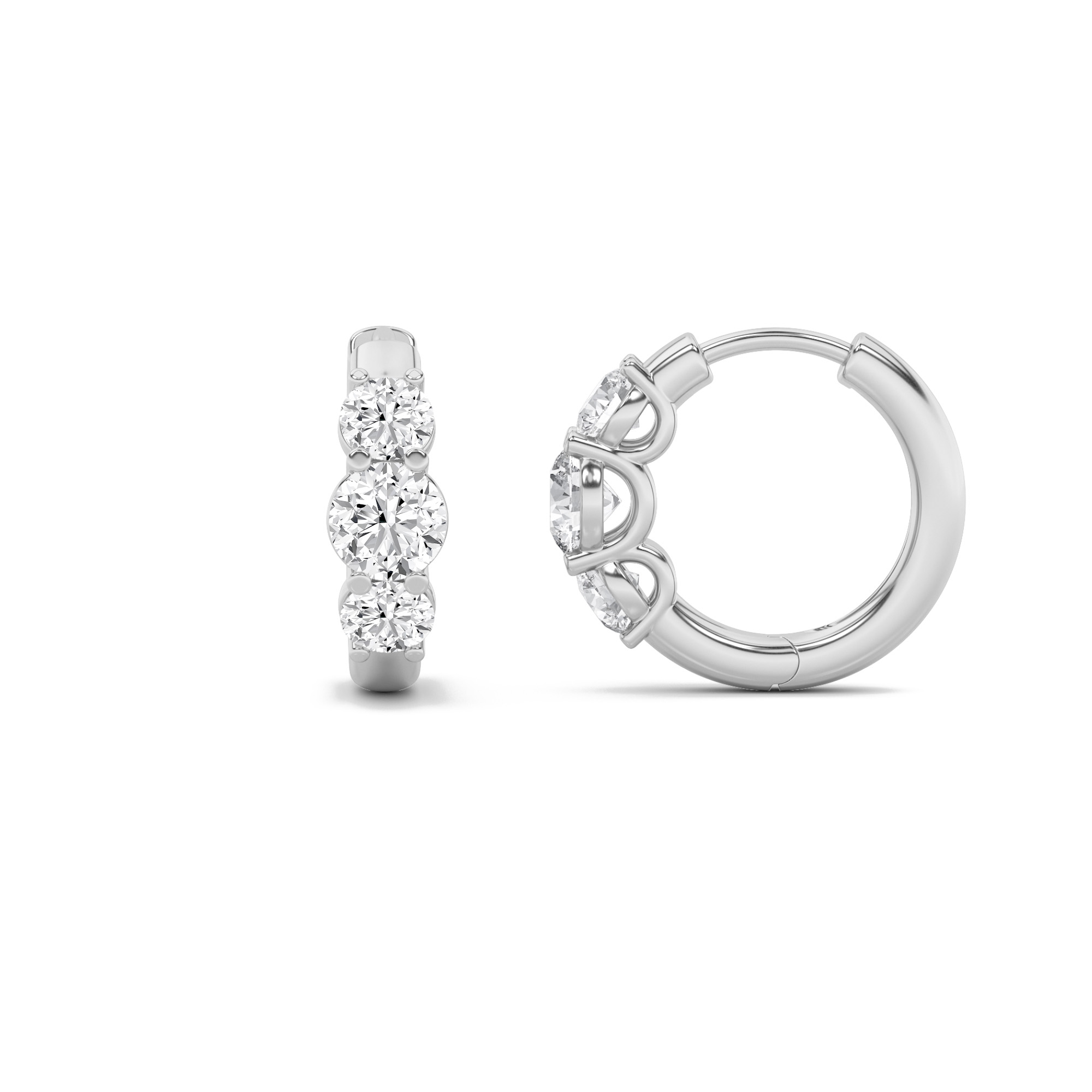 2Cttw Round Shaped Lab Grown Diamond (F/VS) Three Stone Huggie Earrings in 14K Gold