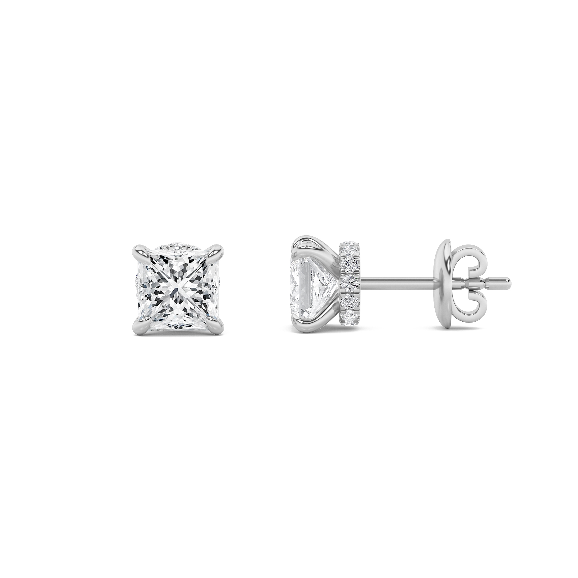 2Cttw Princess Shaped Lab Grown Diamond (F/VS) Hidden Halo Stud Earrings in 14K Gold