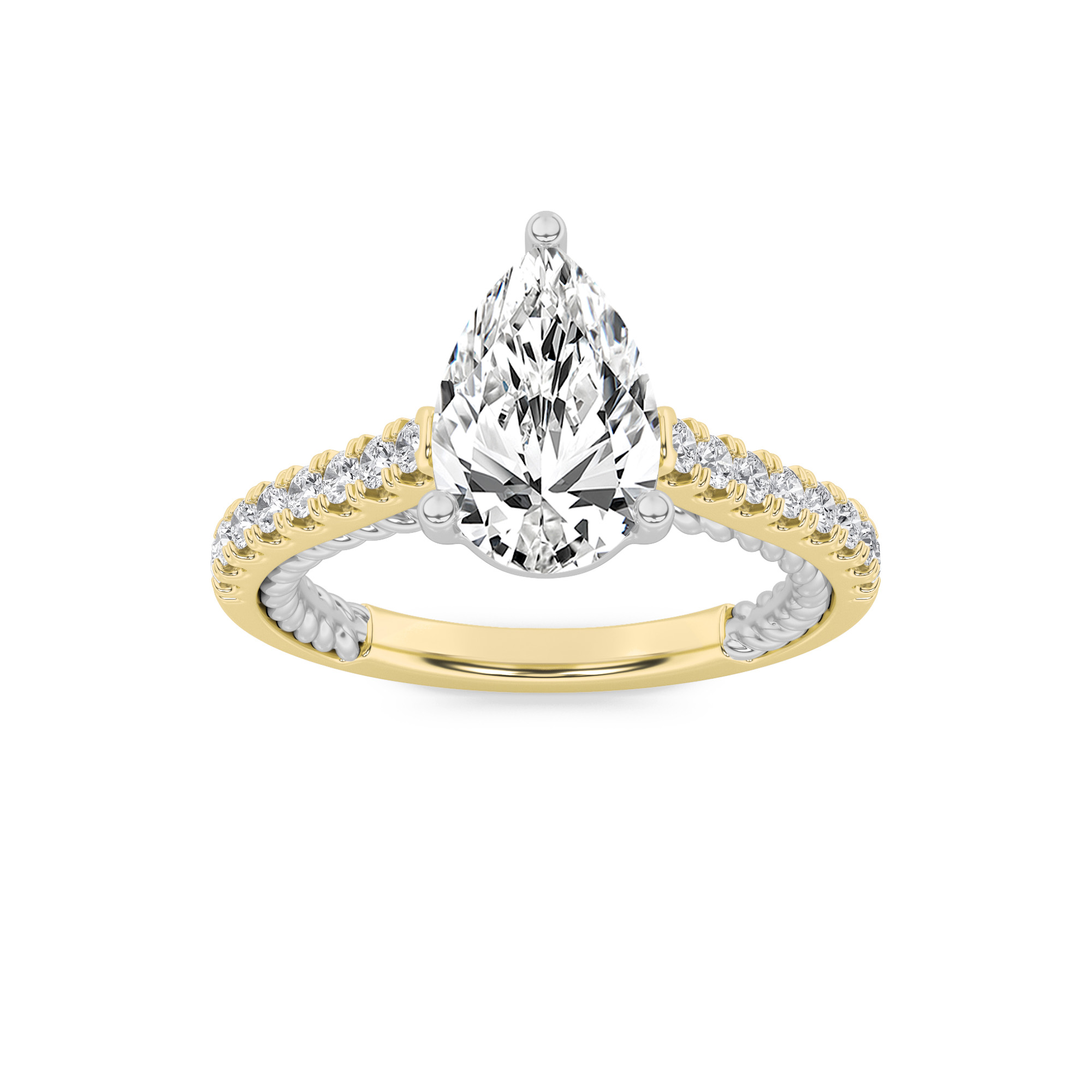 2Cttw Pear Shaped Lab Grown Diamond (F/VS) Two Tone Accented Rope Design Engagement Ring in 14K Gold