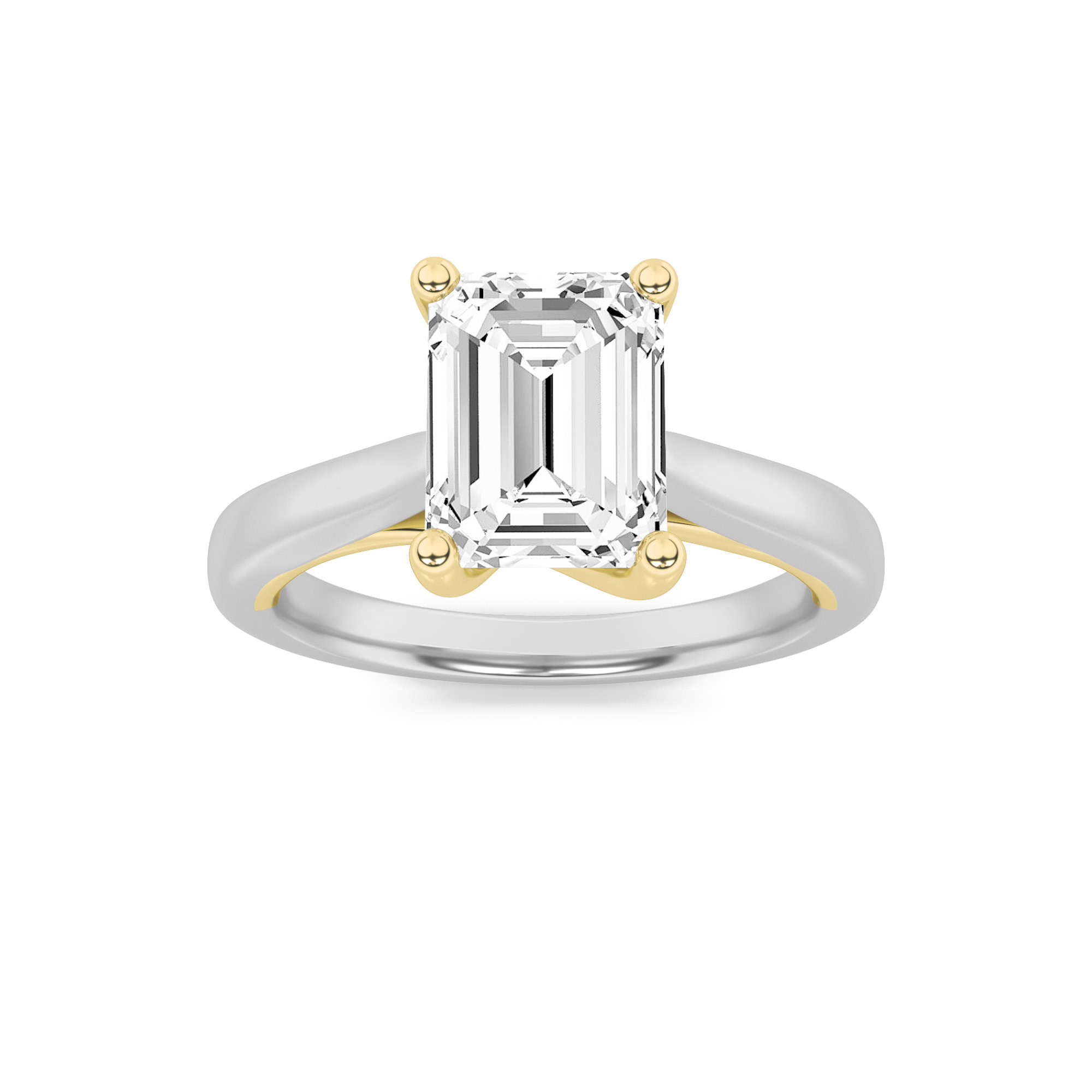 1.5Cttw Emerald Shaped Lab Grown Diamond (F/VS) Two Tone Cathedral Shank Engagement Ring in 14K Gold