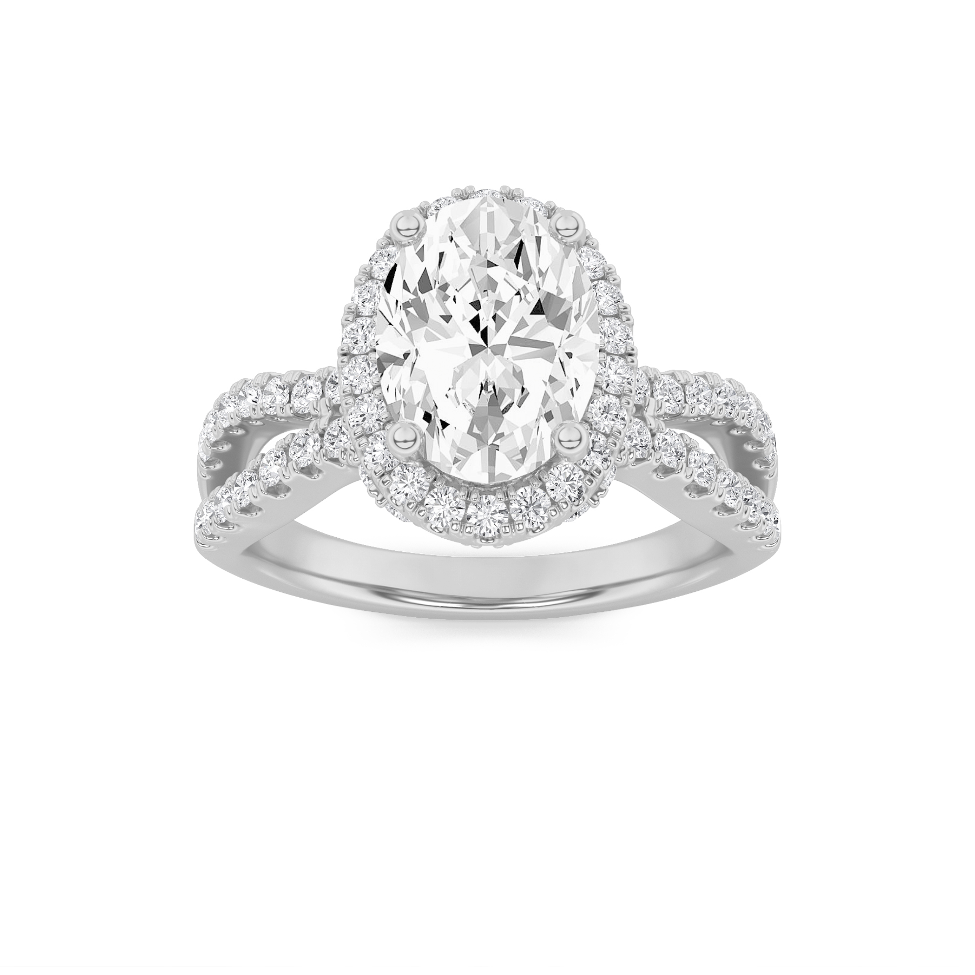 2Cttw Oval Shaped Lab Grown Diamond (F/VS) Split Shank Halo Accented Engagement Ring in 14K Gold