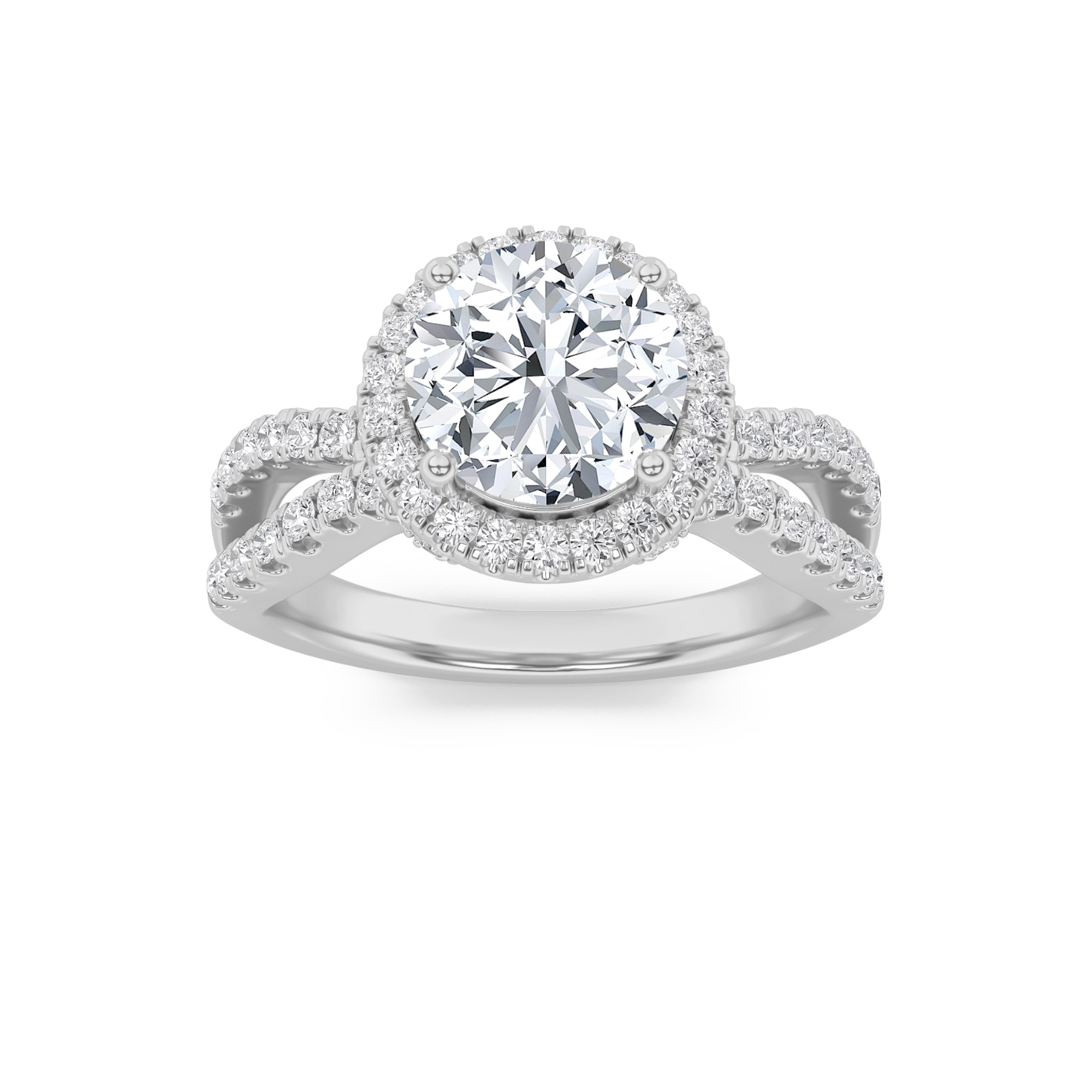 2Cttw Round Shaped Lab Grown Diamond (F/VS) Split Shank Halo Accented Engagement Ring in 14K Gold