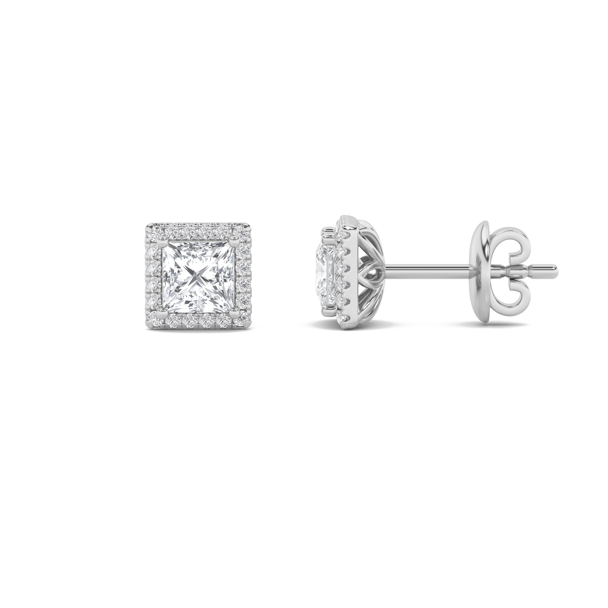 2Cttw Princess Shaped Lab Grown Diamond (F/VS) Halo Stud  Earrings in 14K Gold