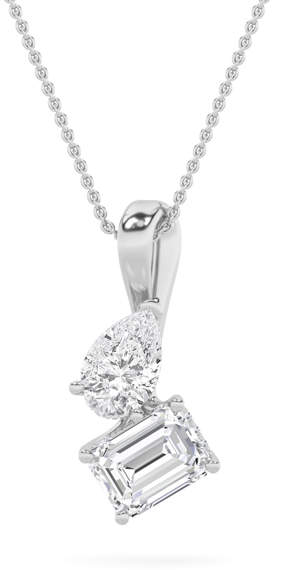 3Cttw Emerald Shaped Lab Grown Diamond (F/VS) Toi et Moi Pendant in 14K Gold