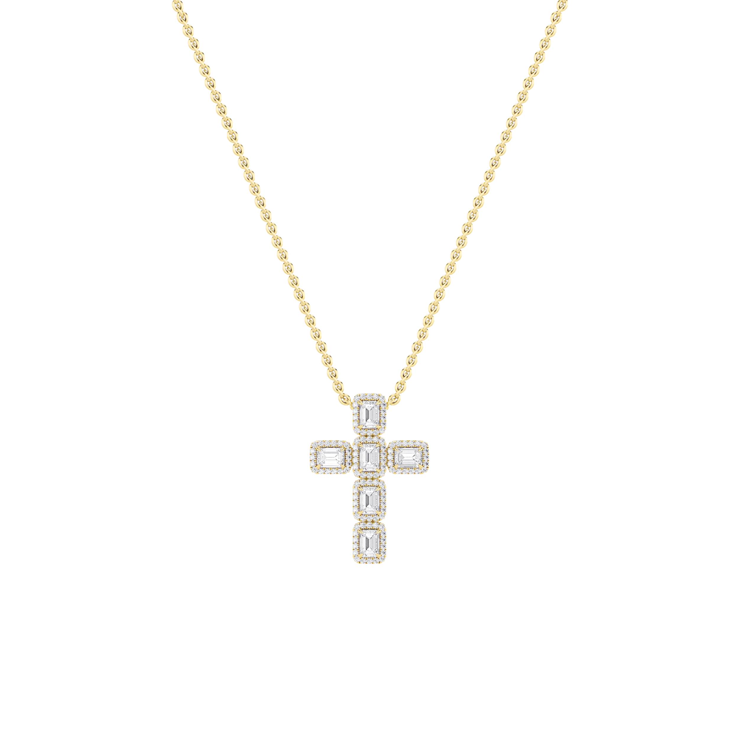 3Cttw Emerald Shaped Lab Grown Diamond (F/VS) Cross Pendant in 14K Gold