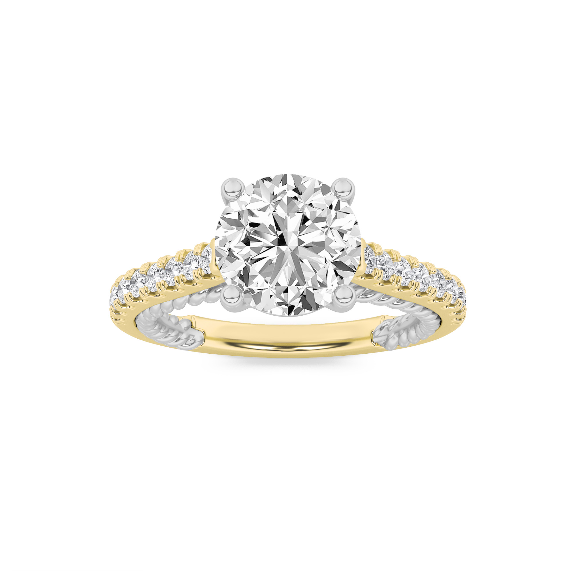 2Cttw Round Shaped Lab Grown Diamond (F/VS) Two Tone Accented Rope Design Engagement Ring in 14K Gold