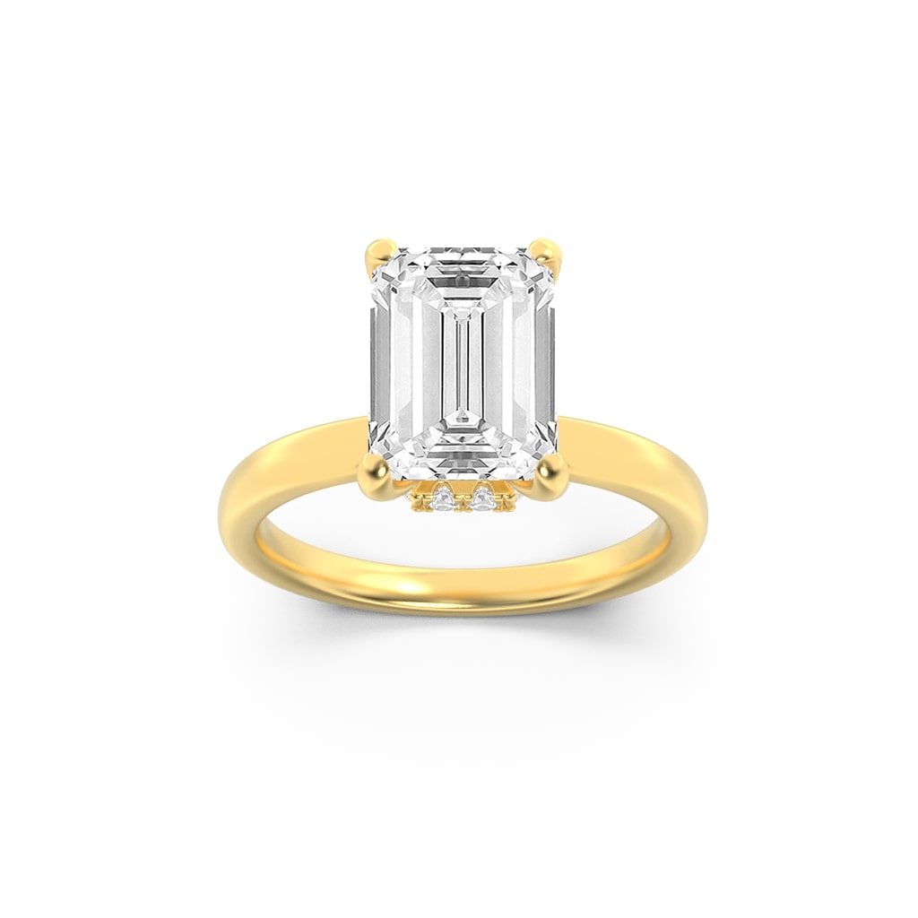 3Cttw Emerald Shaped Lab Grown Diamond (F/VS) Hidden Halo Plain Shank Engagement Ring in 14K Gold