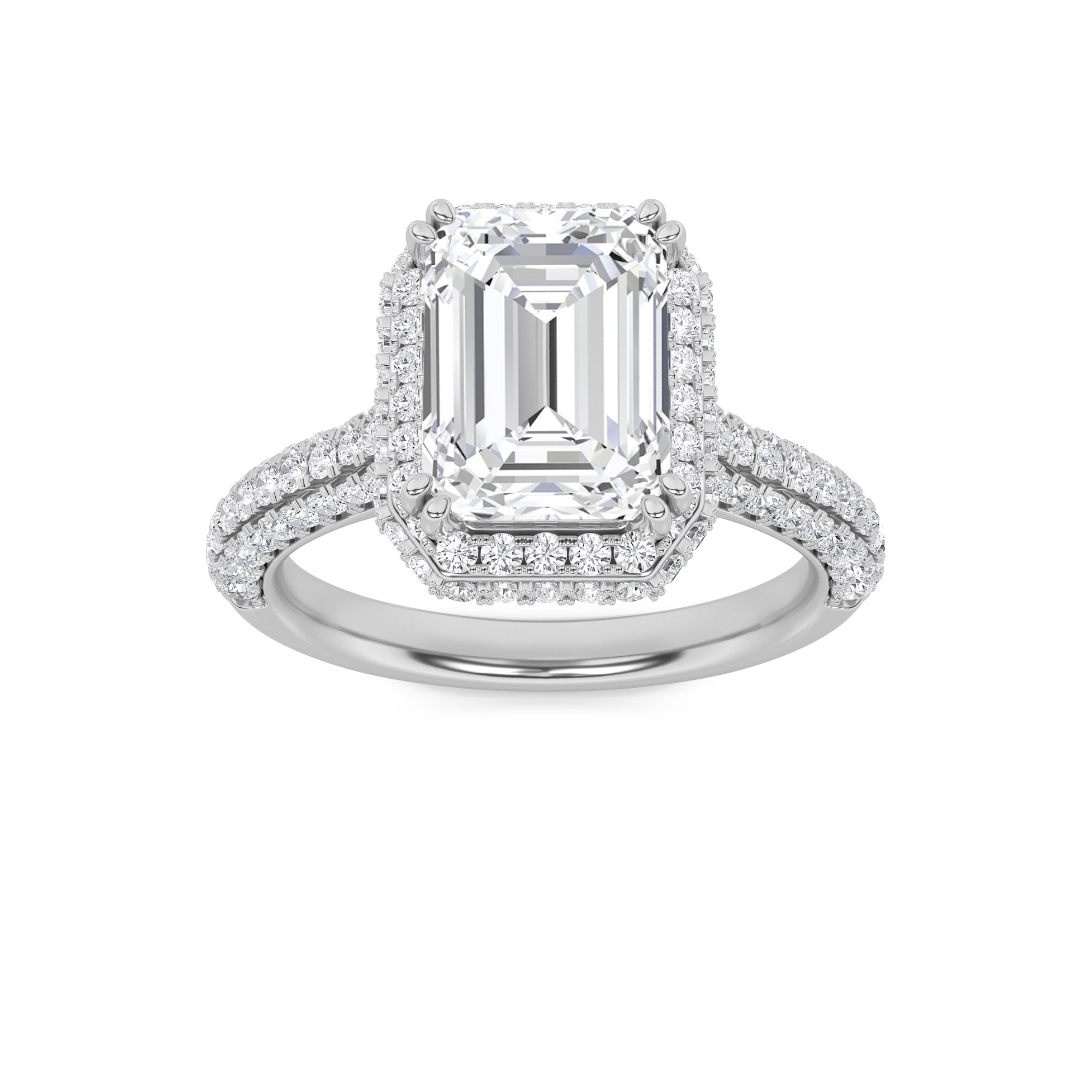 3Cttw Emerald Shaped Lab Grown Diamond (F/VS) Halo Accented Engagement Ring in 14K Gold