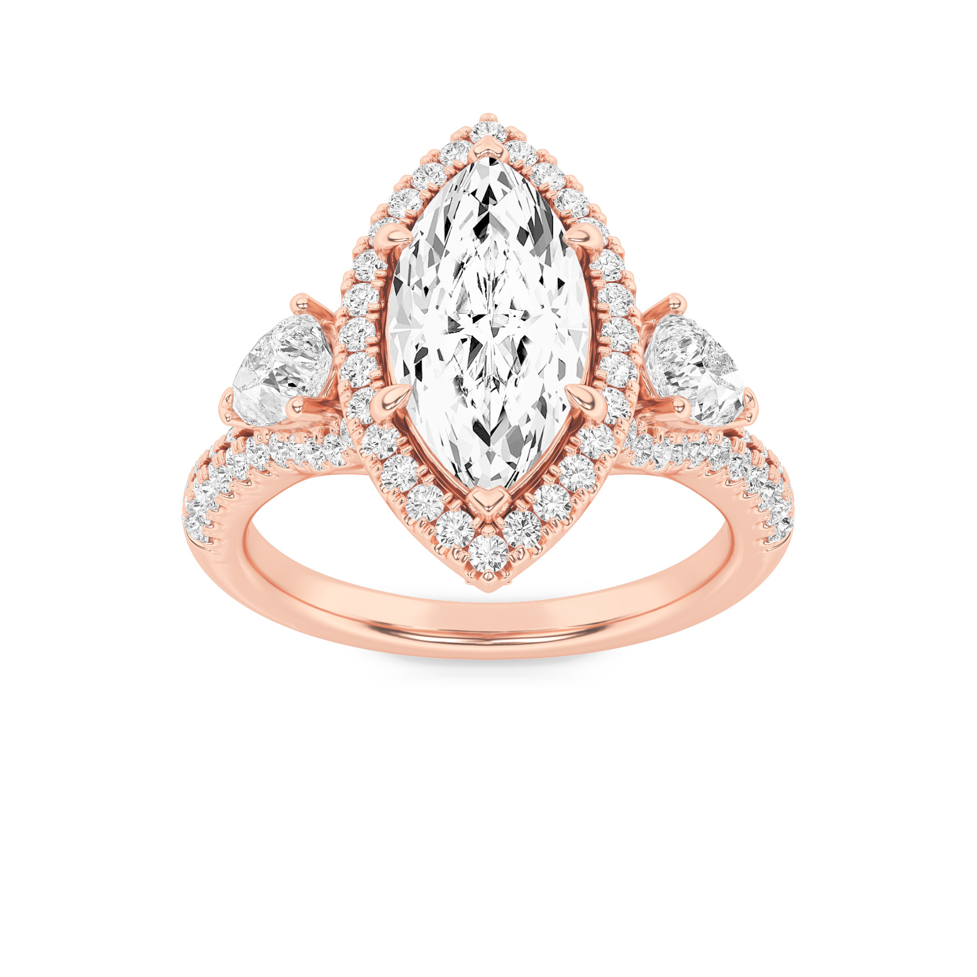 3Cttw Marquise Shaped Lab Grown Diamond (F/VS) Three Stone Bold Accented Engagement Ring in 14K Gold