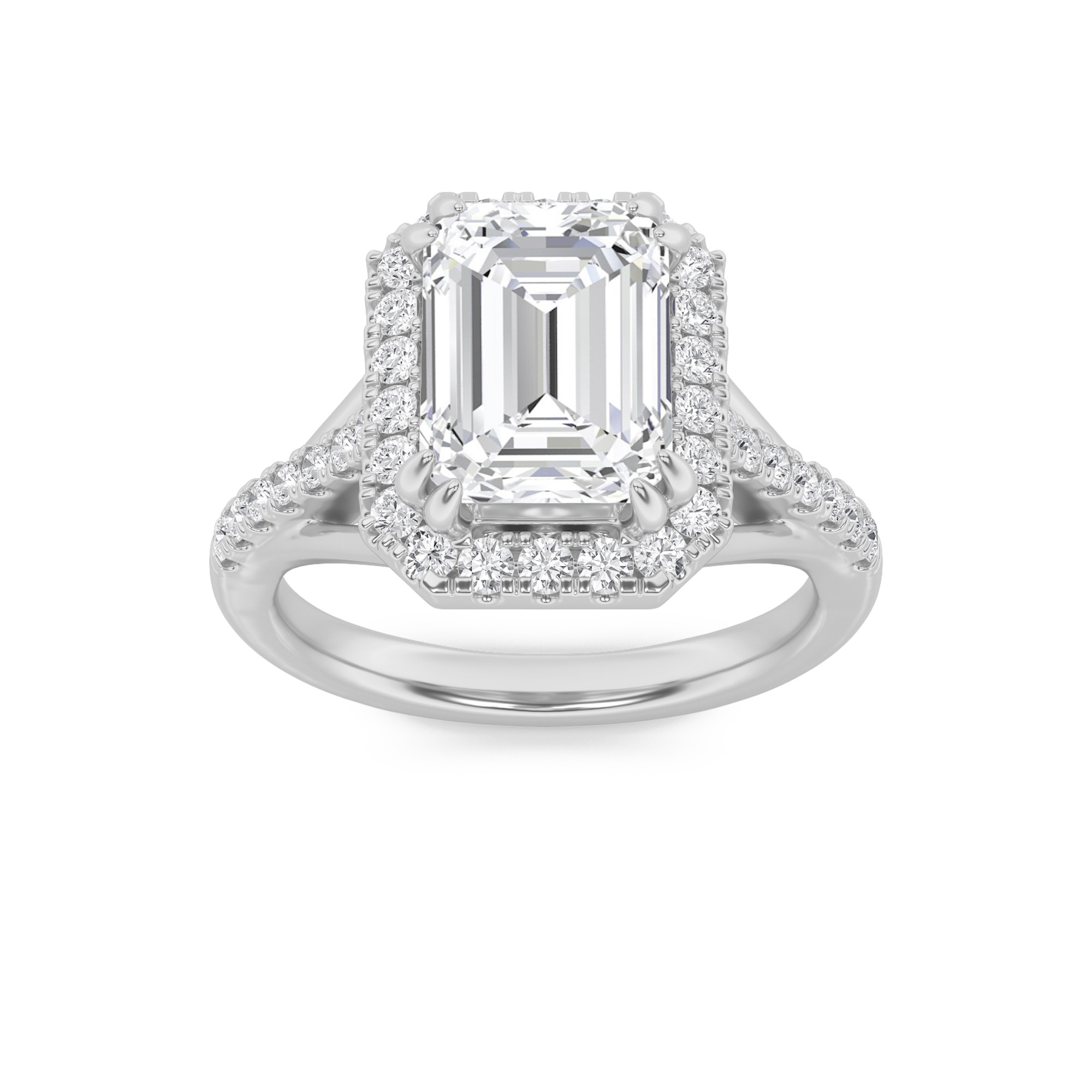 3Cttw Emerald Shaped Lab Grown Diamond (F/VS) Halo Accented Engagement Ring in 14K Gold