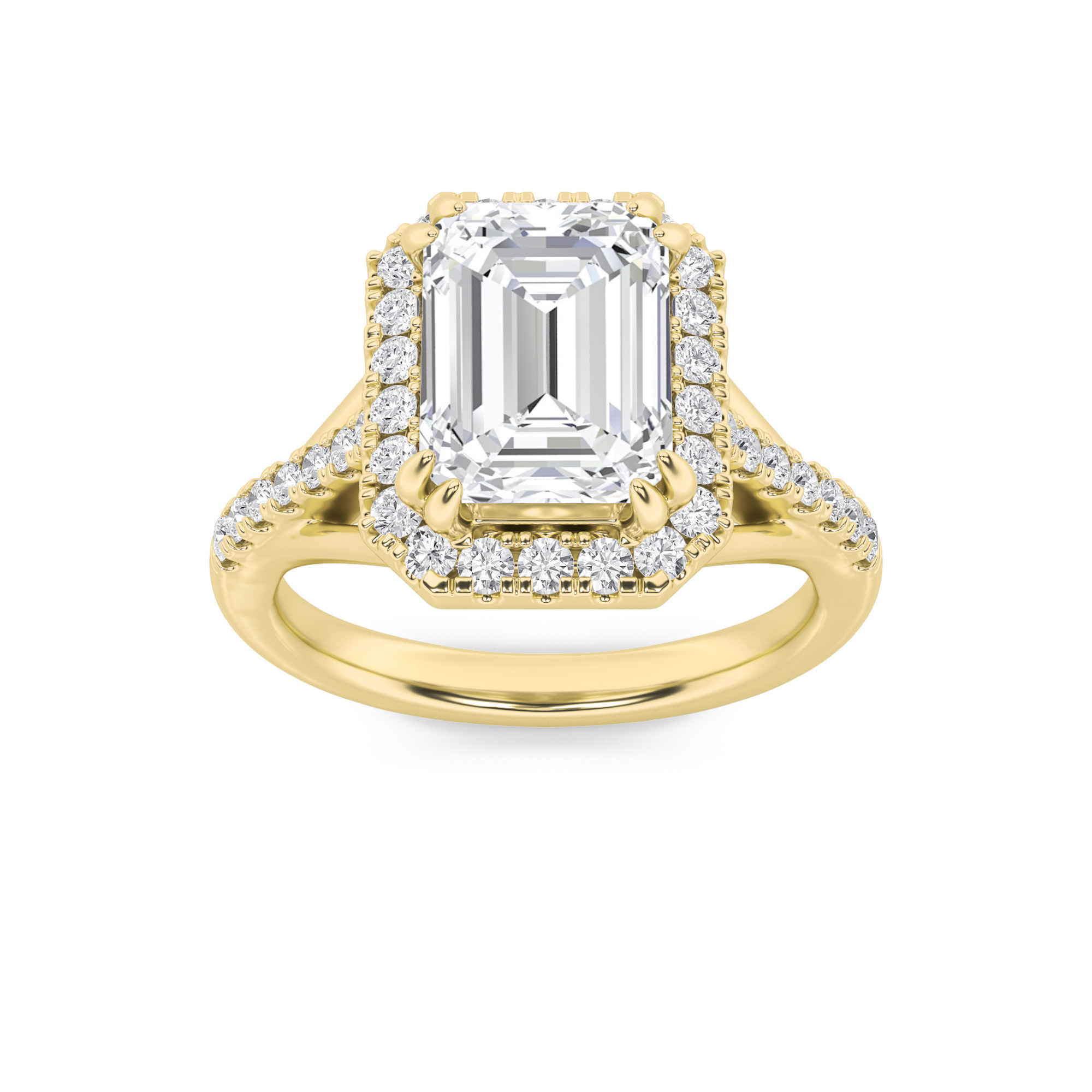 3Cttw Emerald Shaped Lab Grown Diamond (F/VS) Halo Accented Engagement Ring in 14K Gold