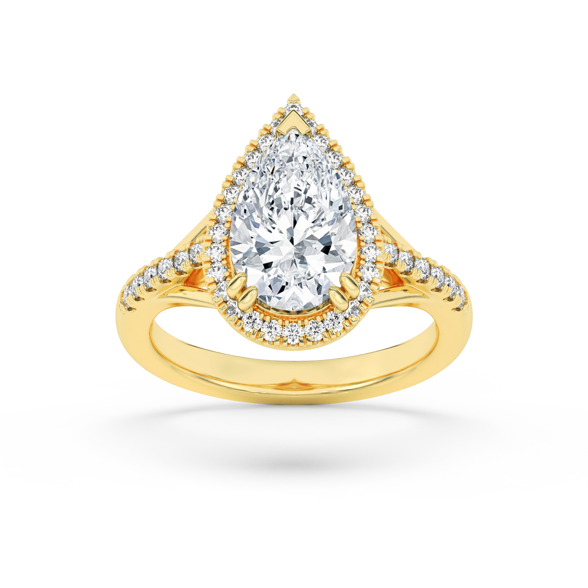 3Cttw Pear Shaped Lab Grown Diamond (F/VS) Halo Accented Engagement Ring in 14K Gold