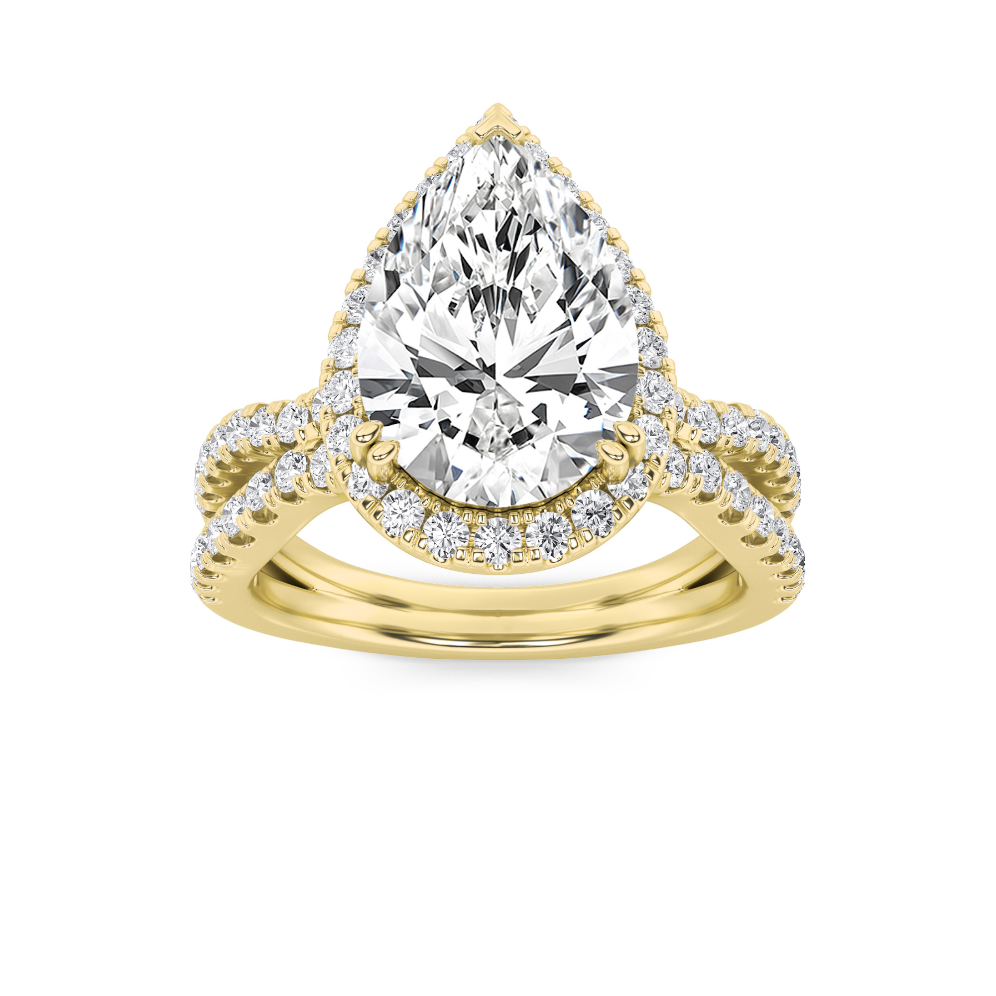 4Cttw Pear Shaped Lab Grown Diamond (F/VS) Split Shank Halo Engagement Ring in 14K Gold