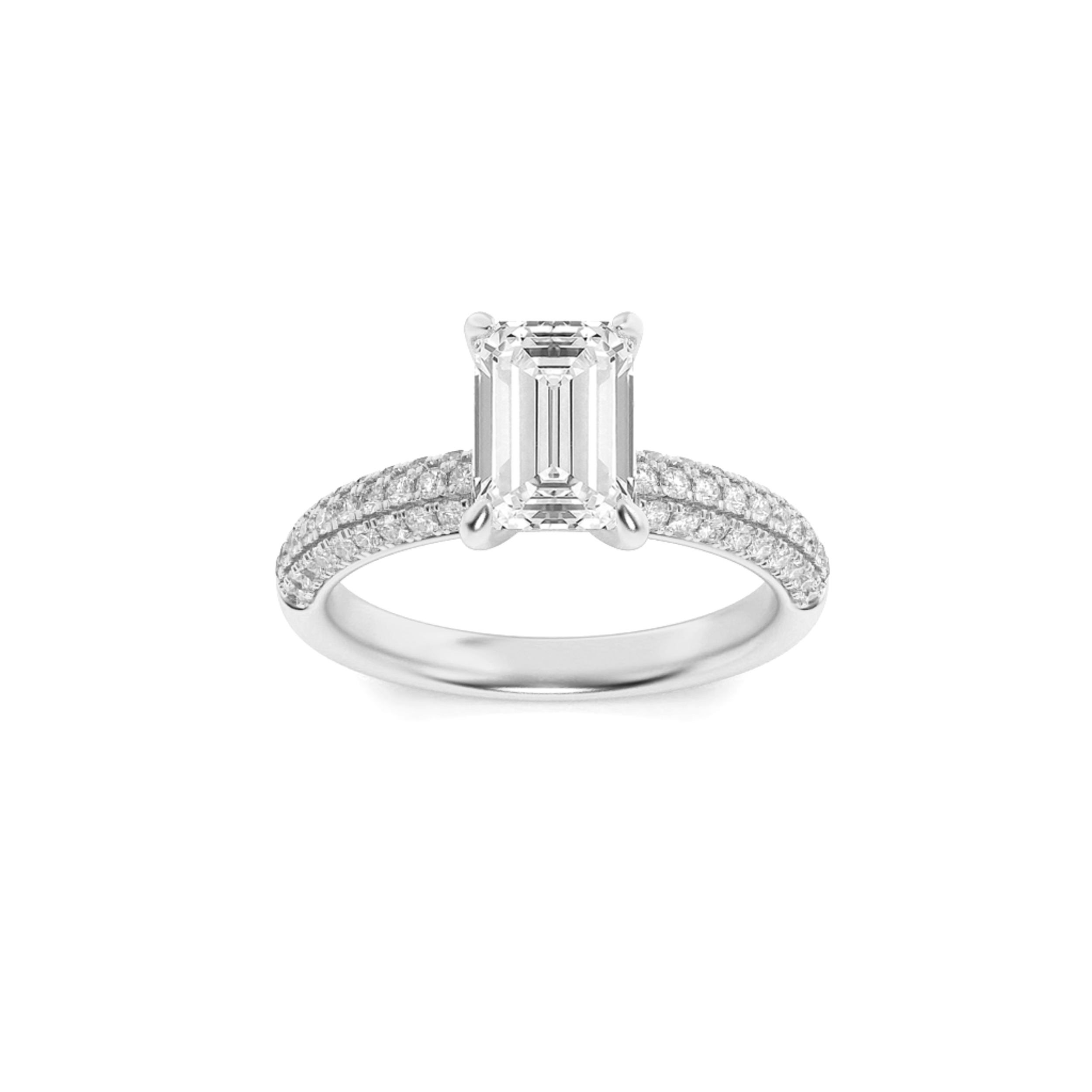 1.5Cttw Emerald Shaped Lab Grown Diamond (F/VS) Three Row Micro Pave Engagement Ring in 14K Gold