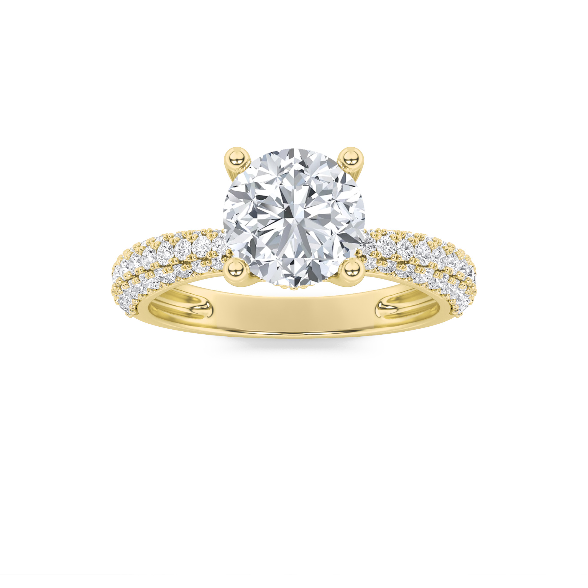 2Cttw Round Shaped Lab Grown Diamond (F/VS) Three Row Micro Pave Engagement Ring in 14K Gold