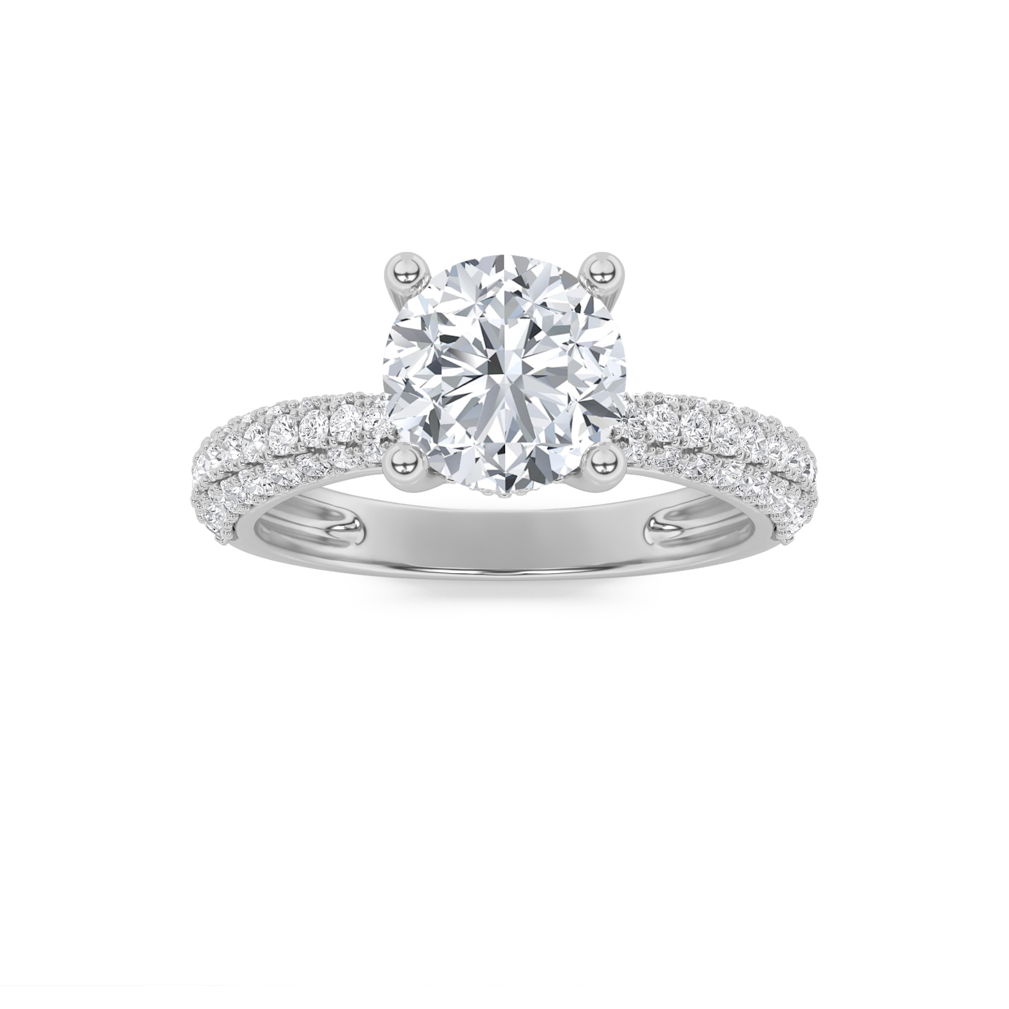 2Cttw Round Shaped Lab Grown Diamond (F/VS) Three Row Micro Pave Engagement Ring in 14K Gold