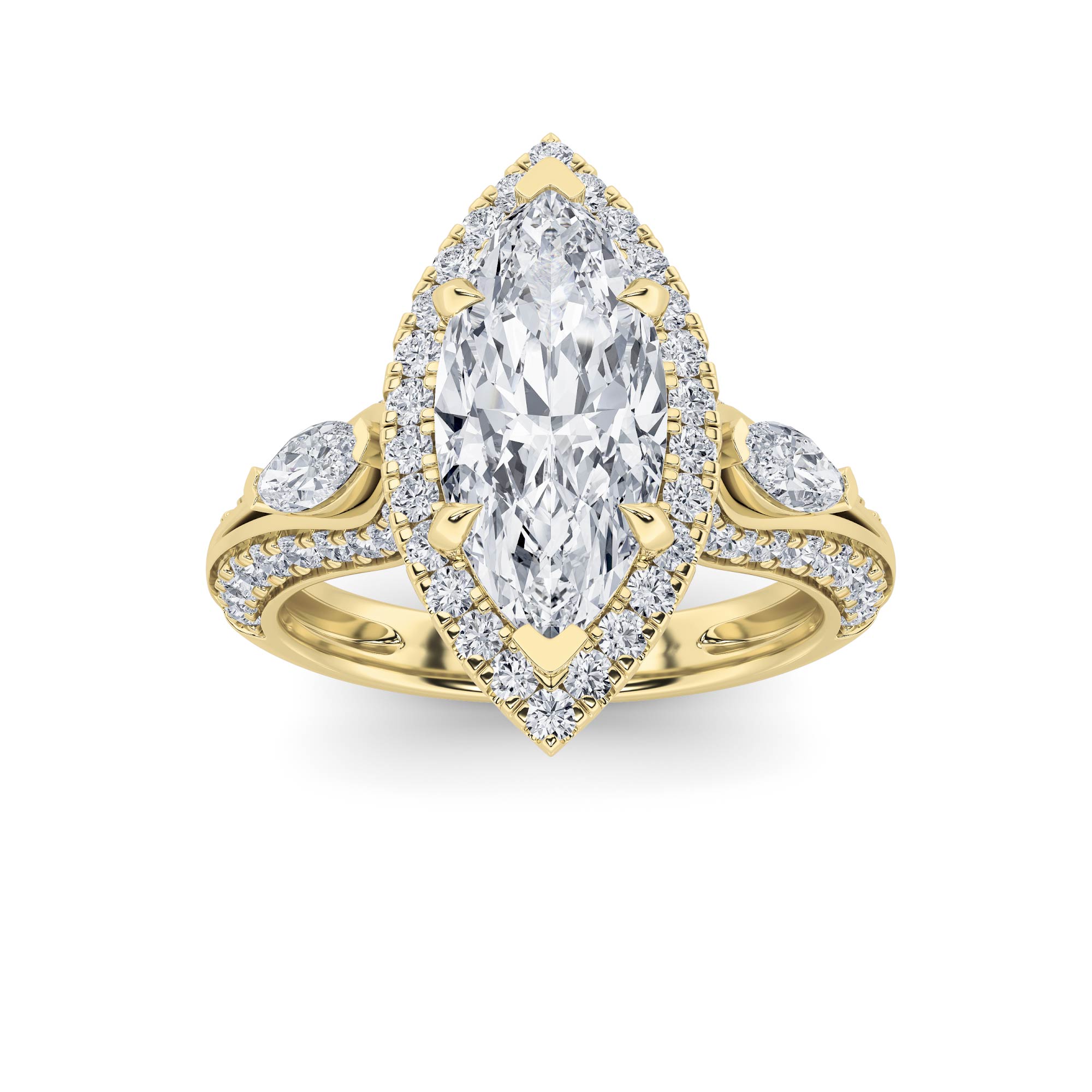 3Cttw Marquise Shaped Lab Grown Diamond (G/VS) Three Stone Halo Enagement Ring in 14K Gold