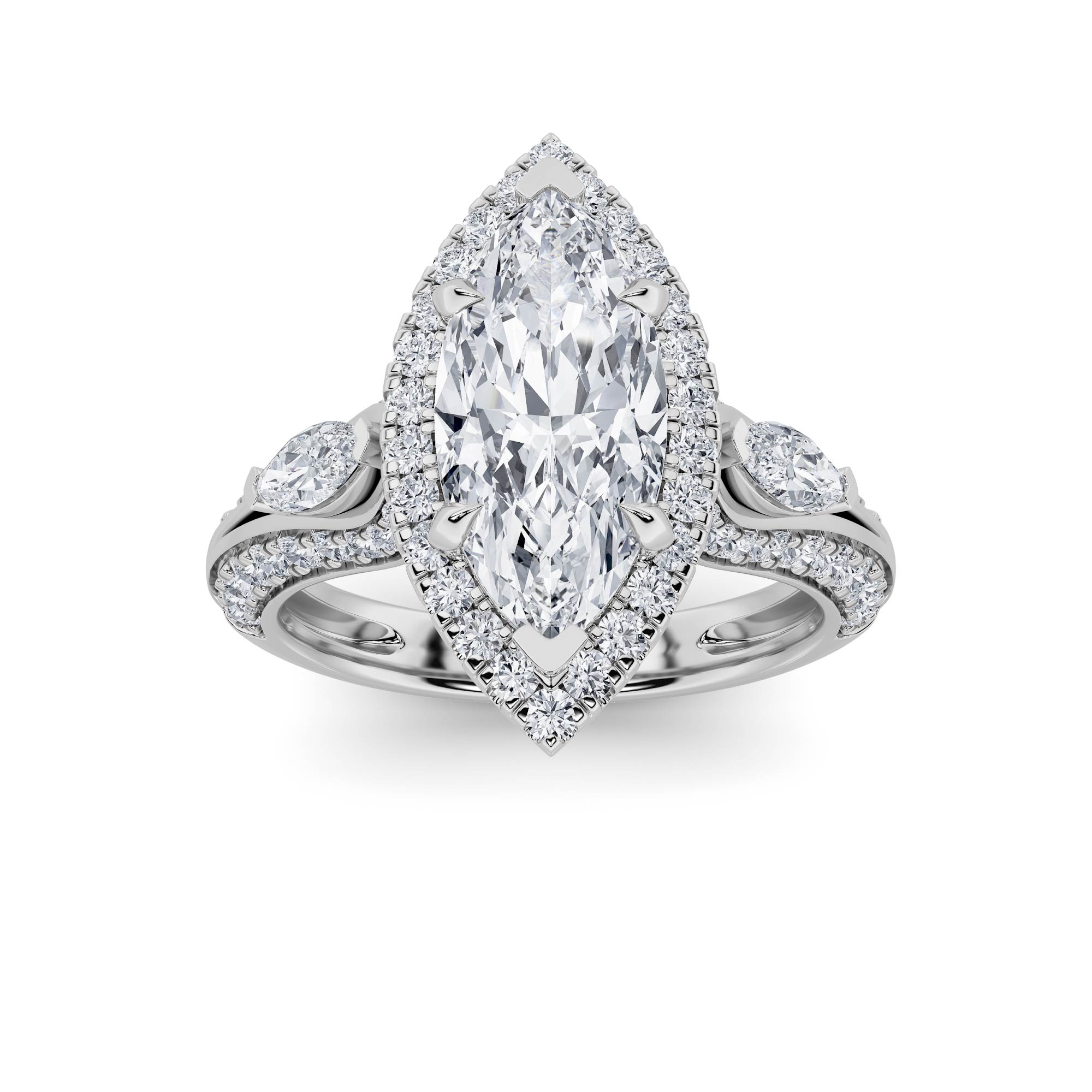 3Cttw Marquise Shaped Lab Grown Diamond (G/VS) Three Stone Halo Enagement Ring in 14K Gold