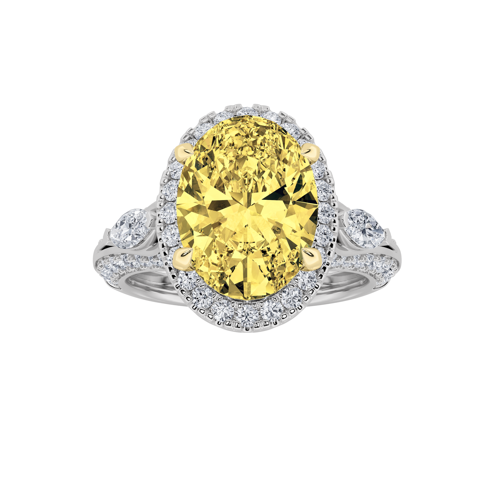 3Cttw Oval Shaped Lab Grown Diamond (F/VS) Three Stone Halo Enagement Ring in 14K Gold