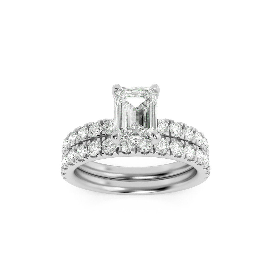 2Cttw Emerald Shaped Lab Grown Diamond (F/VS) Classic Accented  Set With Band and Engagement Ring in 14K Gold