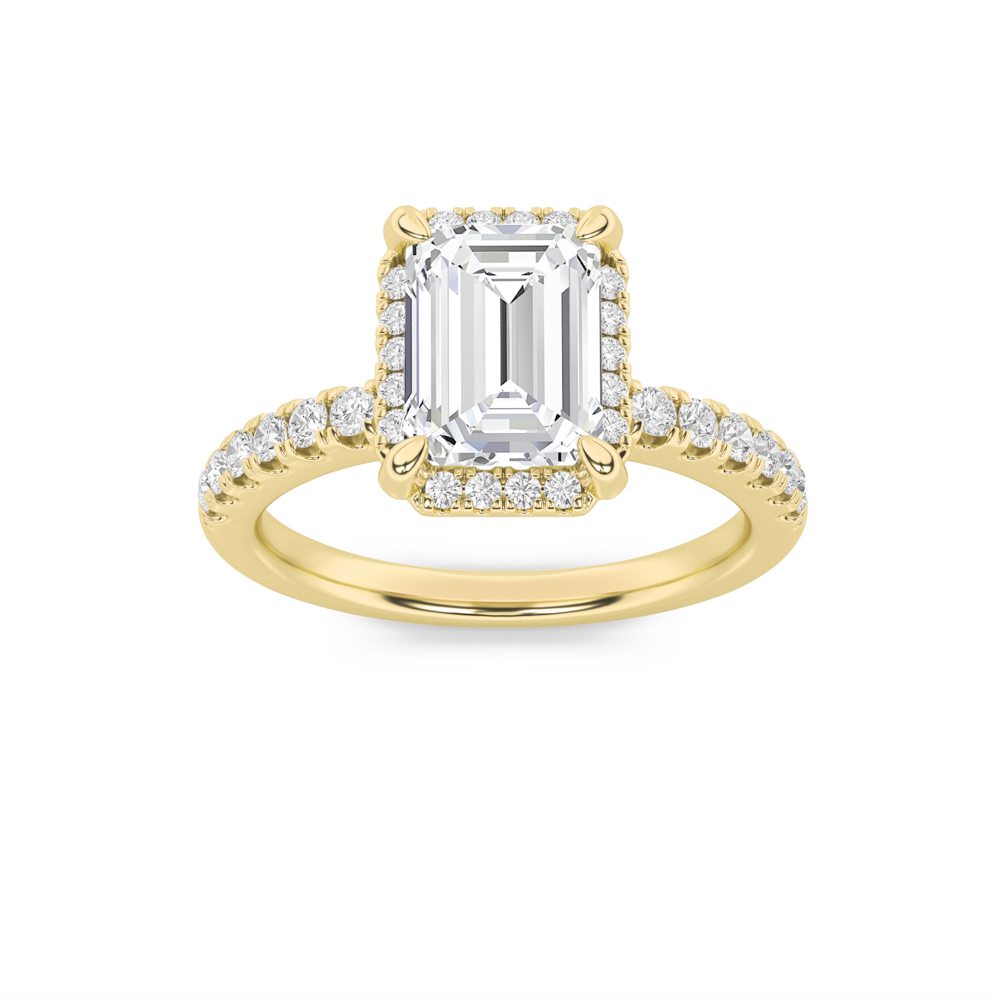 2Cttw Emerald Shaped Lab Grown Diamond (F/VS) Halo Accented Engagement Ring in 14K Gold