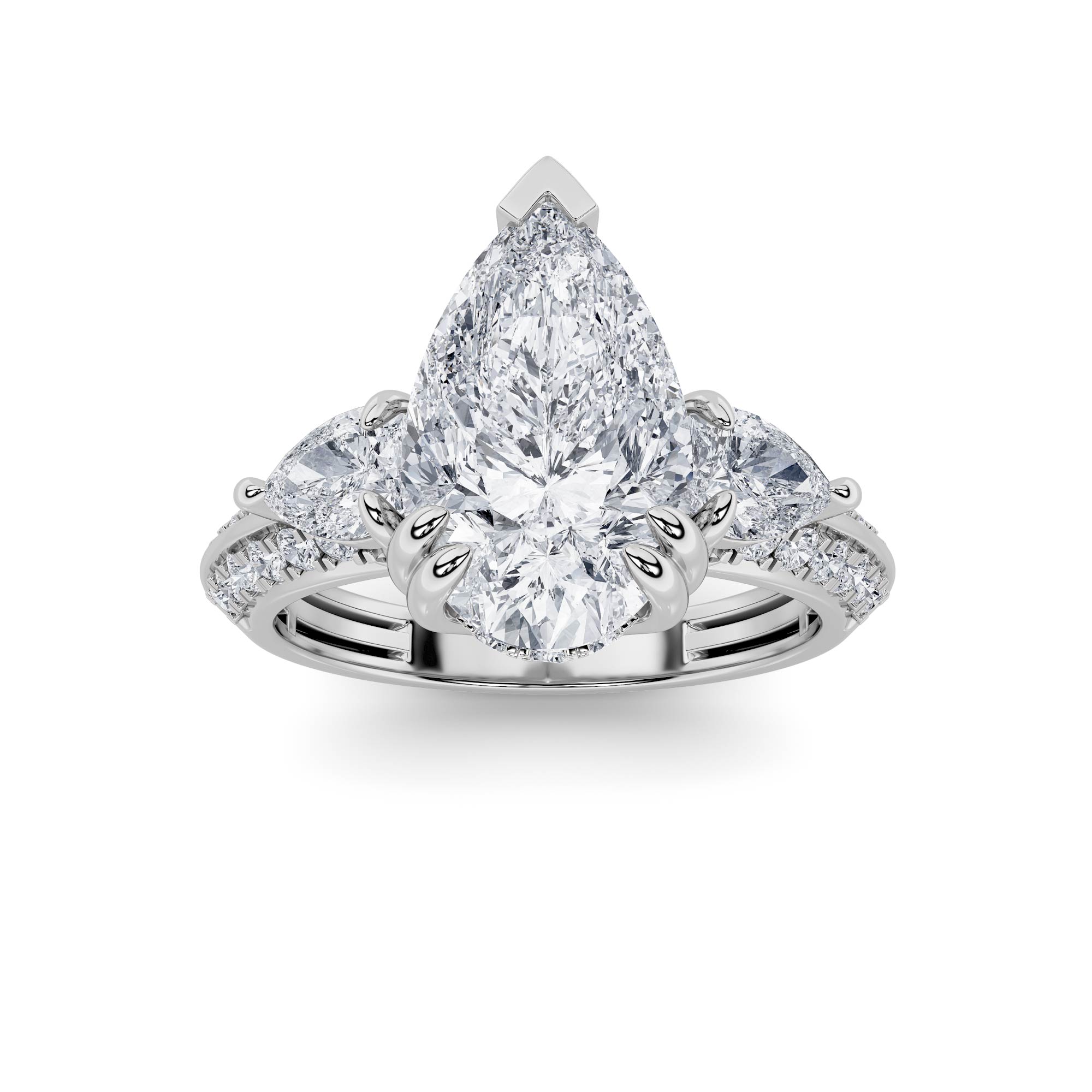 3.5Cttw Pear Shaped Lab Grown Diamond (F/VS) Three Stone Accented Engagement Ring in 14K Gold