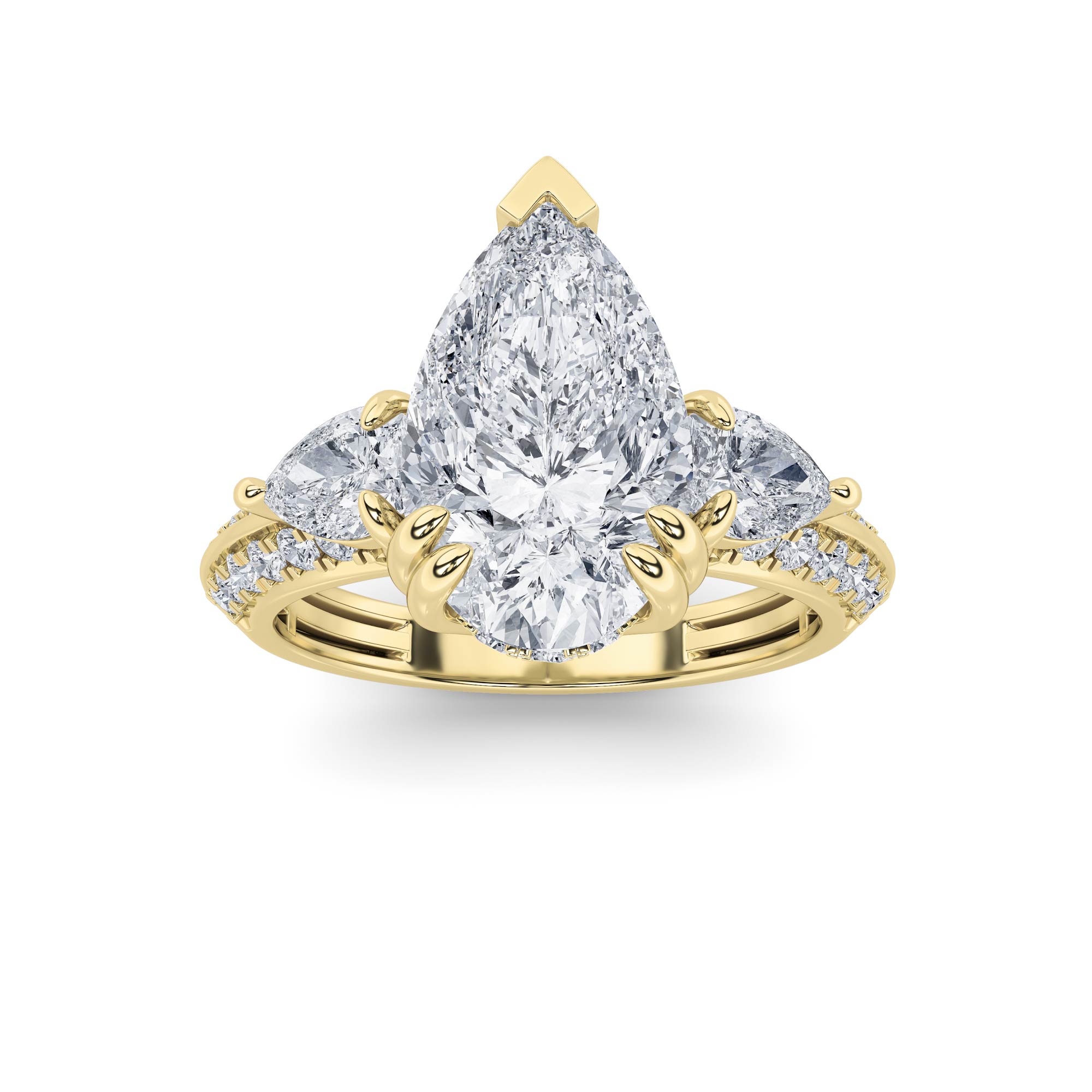 3.5Cttw Pear Shaped Lab Grown Diamond (F/VS) Three Stone Accented Engagement Ring in 14K Gold