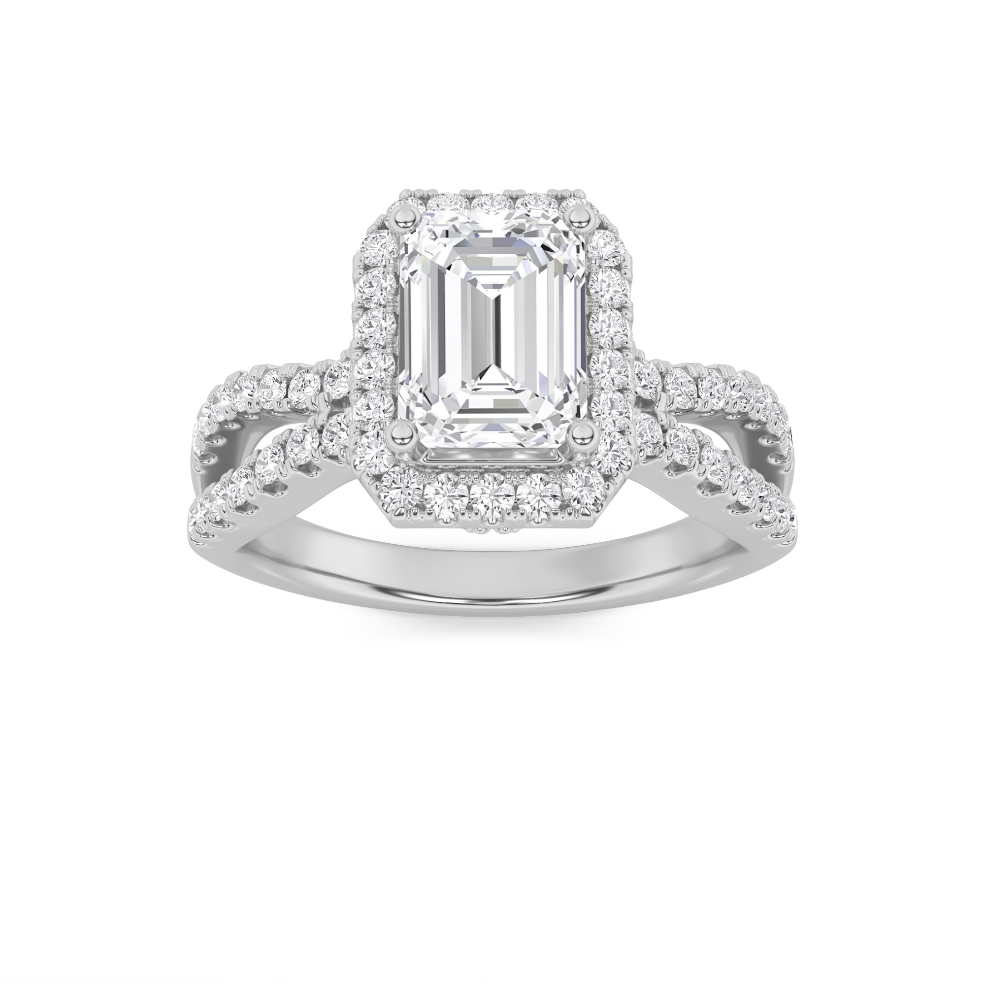 2Cttw Emerald Shaped Lab Grown Diamond (F/VS) Split Shank Halo Accented Engagement Ring in 14K Gold