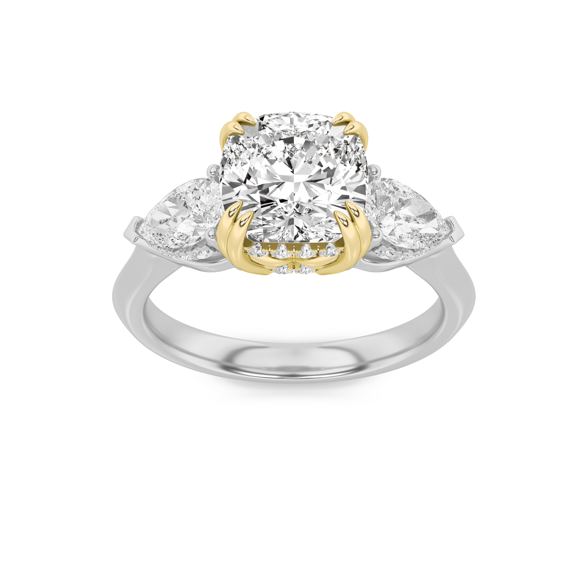 3Cttw Elongated Cushion Shaped Fancy Yellow Lab Grown Diamond (F/VS) Three Stone Accented Fashion Ring in 14K Gold