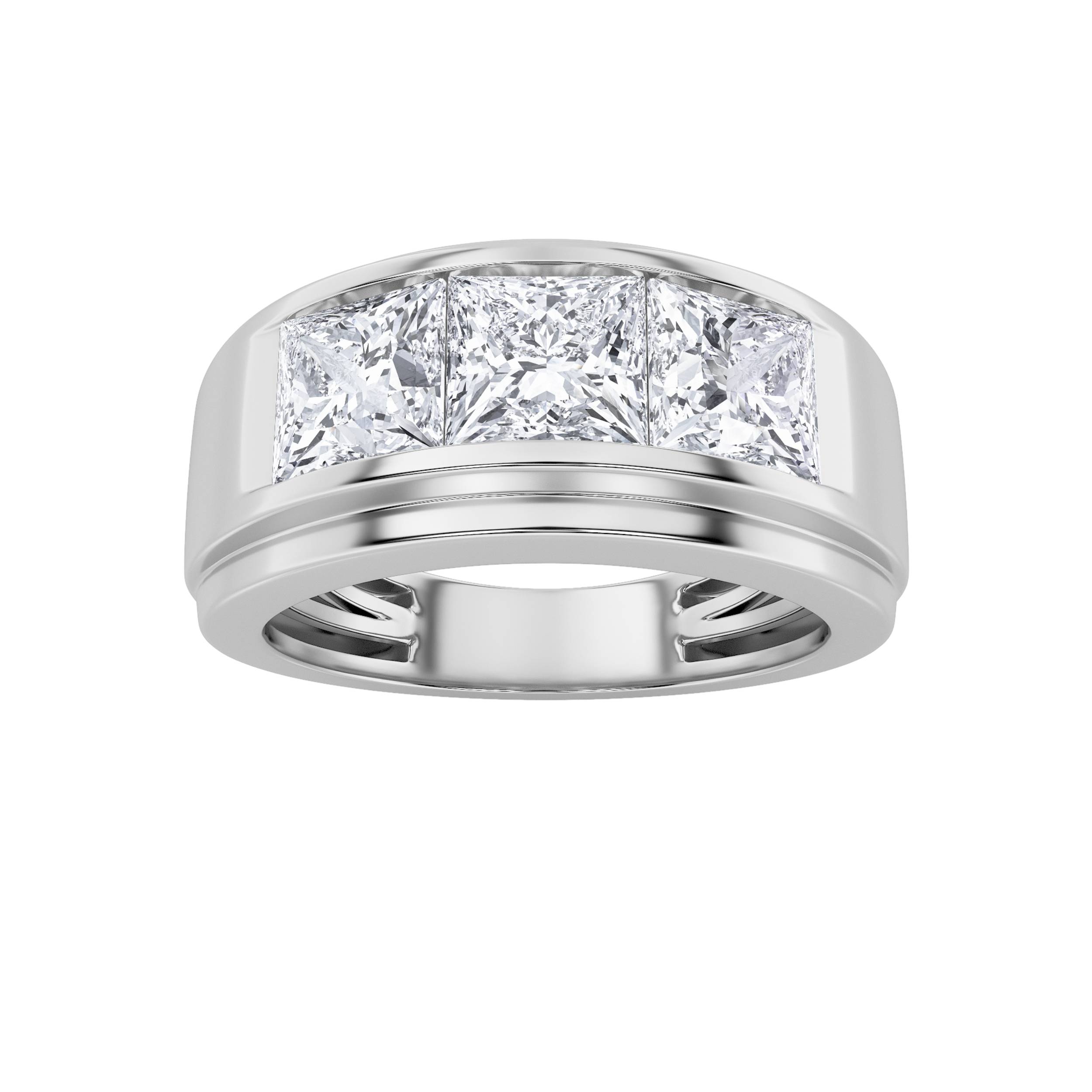 3Cttw Princess Shaped Lab Grown Diamond (F/VS) Three Stone Channel Set Mens Ring in 14K Gold