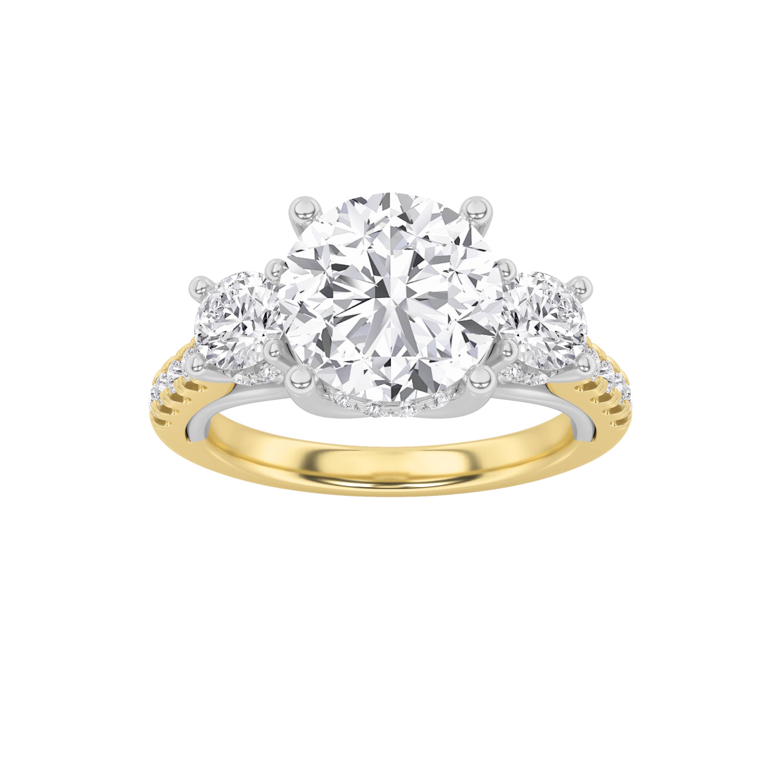 3Cttw Round Shaped Lab Grown Diamond (F/VS) Accented Three Stone Ring in 14K Gold