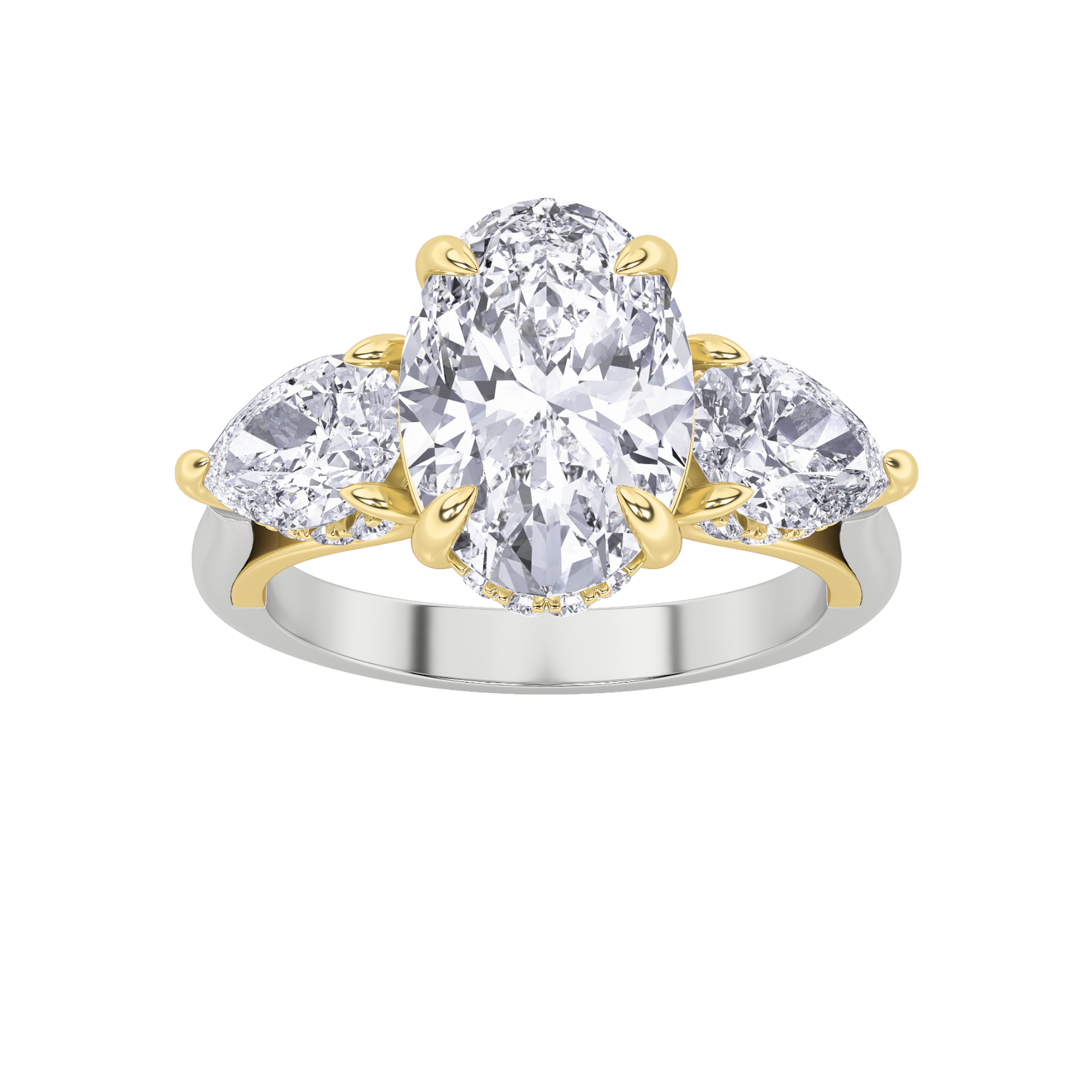 4Cttw Oval Shaped Lab Grown Diamond (F/VS) Accented Three Stone Ring in 14K Gold