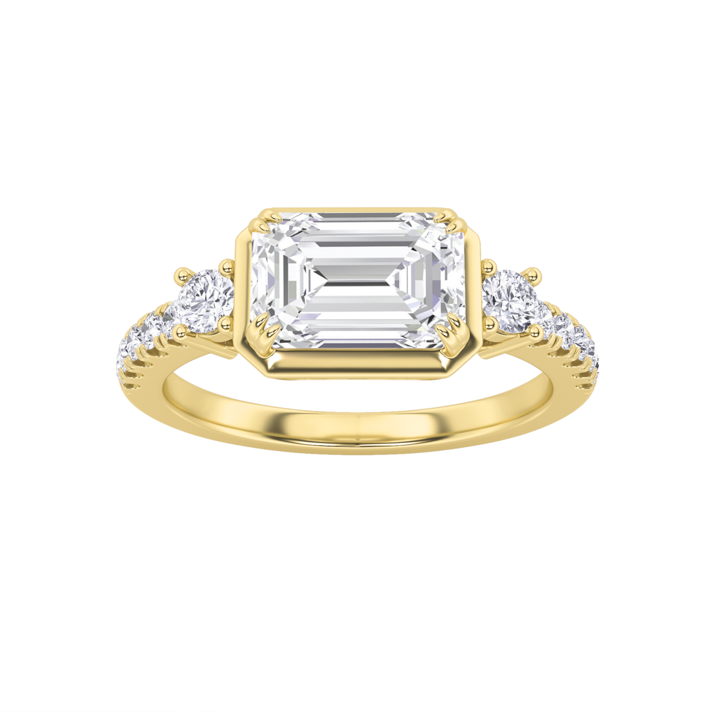 2Cttw Emerald Shaped Lab Grown Diamond (F/VS) East West Accented Three Stone Ring in 14K Gold