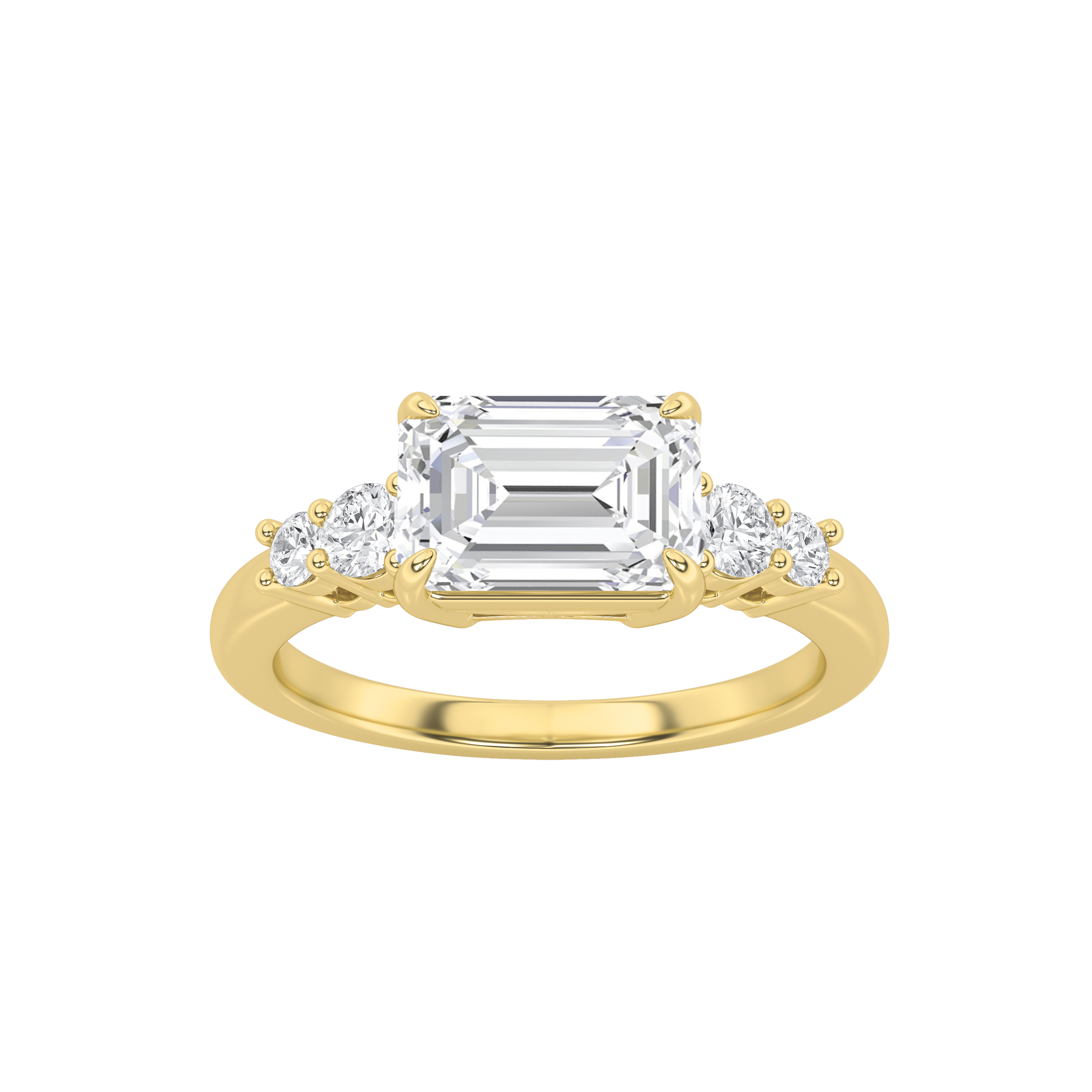 1.5Cttw Emerald Shaped Lab Grown Diamond (F/VS) East West Accented Three Stone Ring in 14K Gold