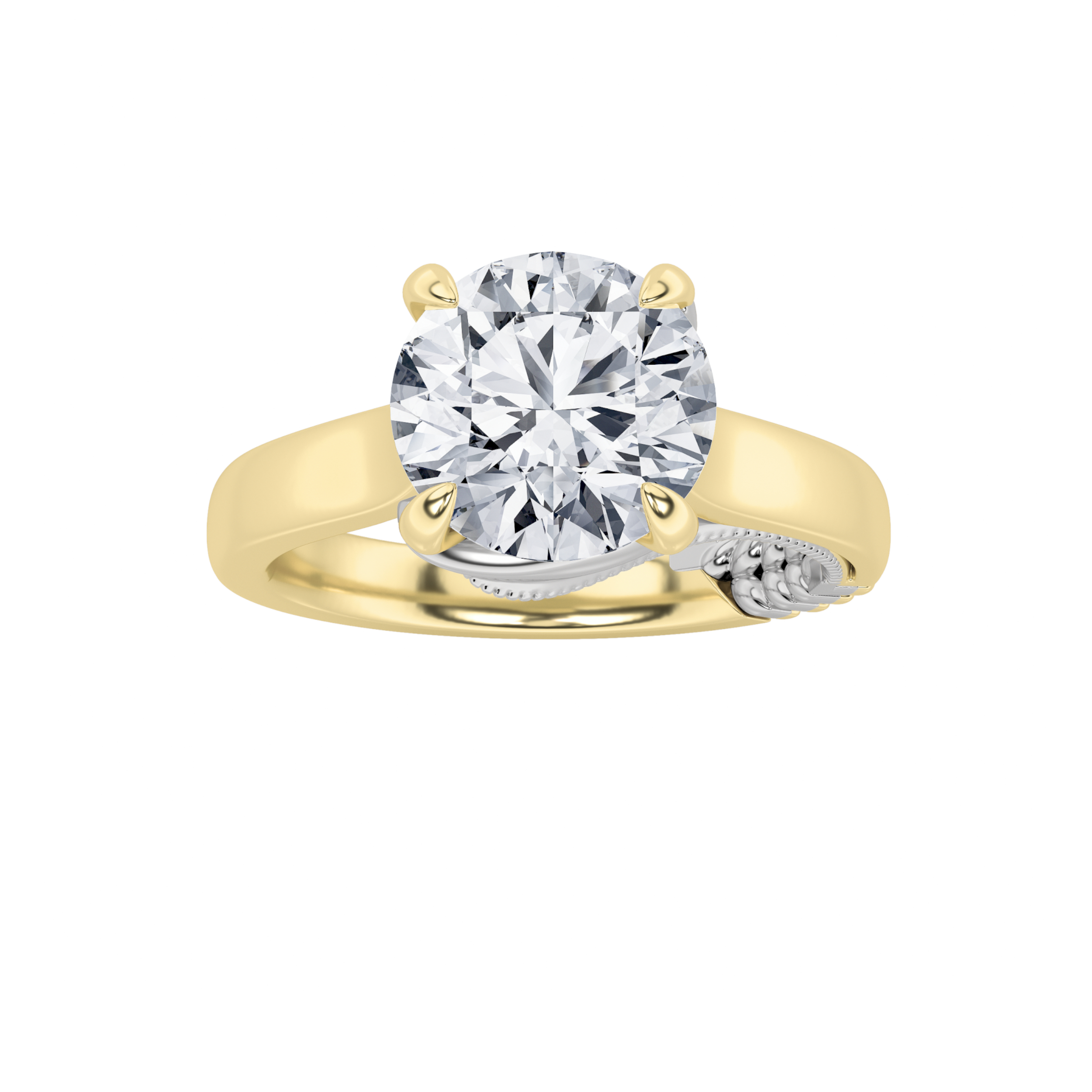 2Cttw Round Shaped Lab Grown Diamond (F/VS) Leaf Motif Two Tone Solitaire Engagement Ring in 14K Gold