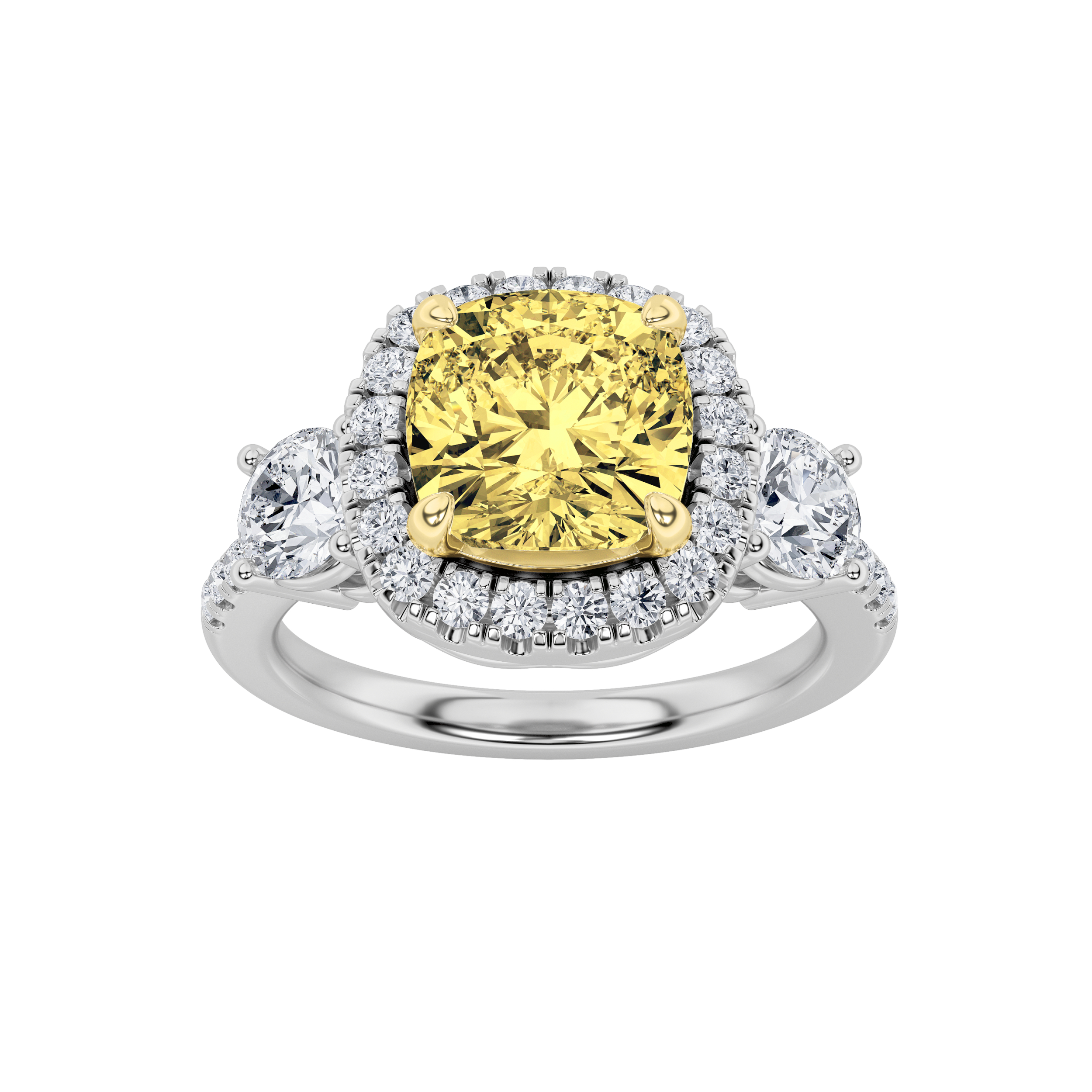 3Cttw Elongated Cushion Shaped Fancy Yellow Lab Grown Diamond (F/VS) Three Stone Accented Engagement Ring in 14K Gold