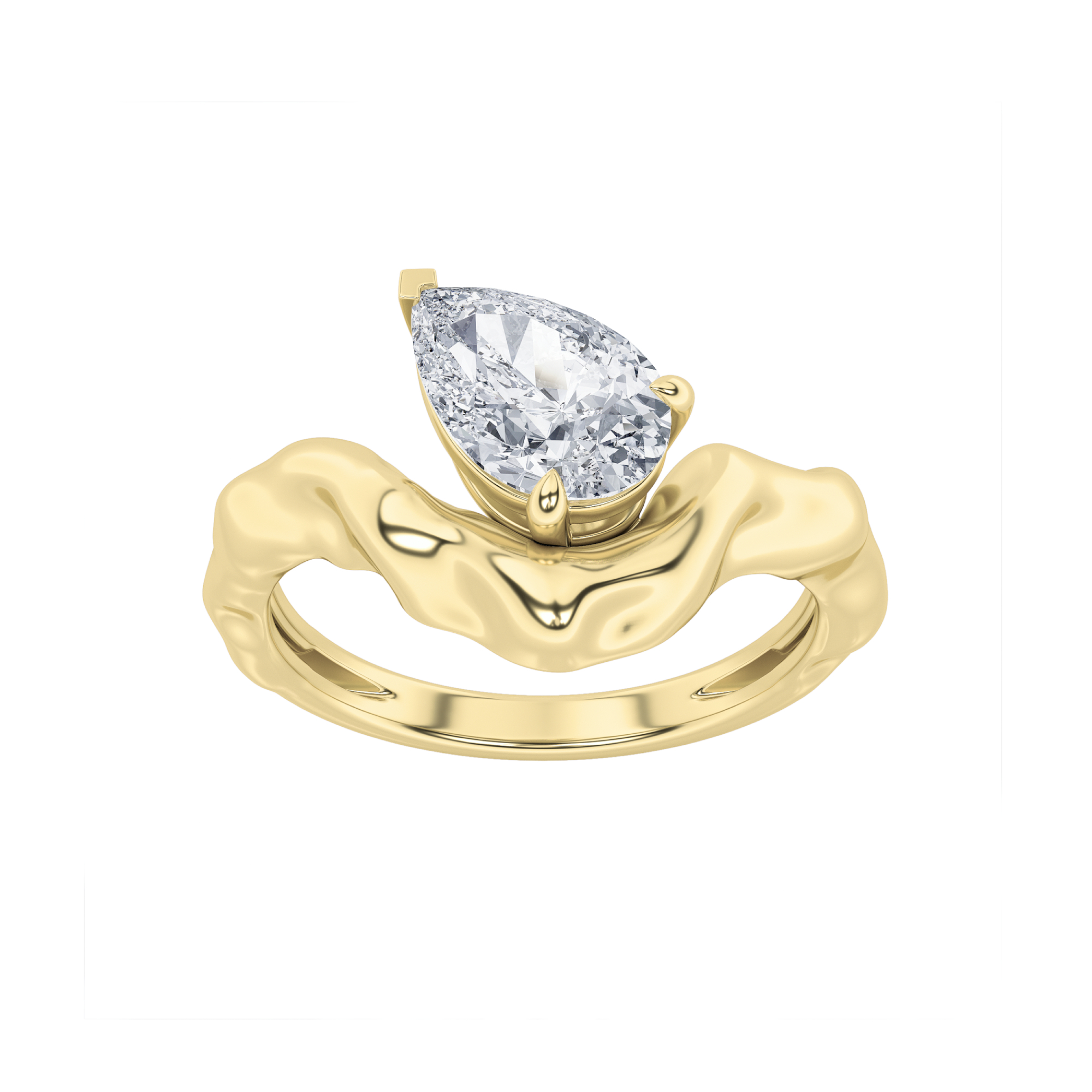 1Cttw Pear Shaped Lab Grown Diamond (F/VS) Organic Design Solitaire Engagement Ring in 14K Gold