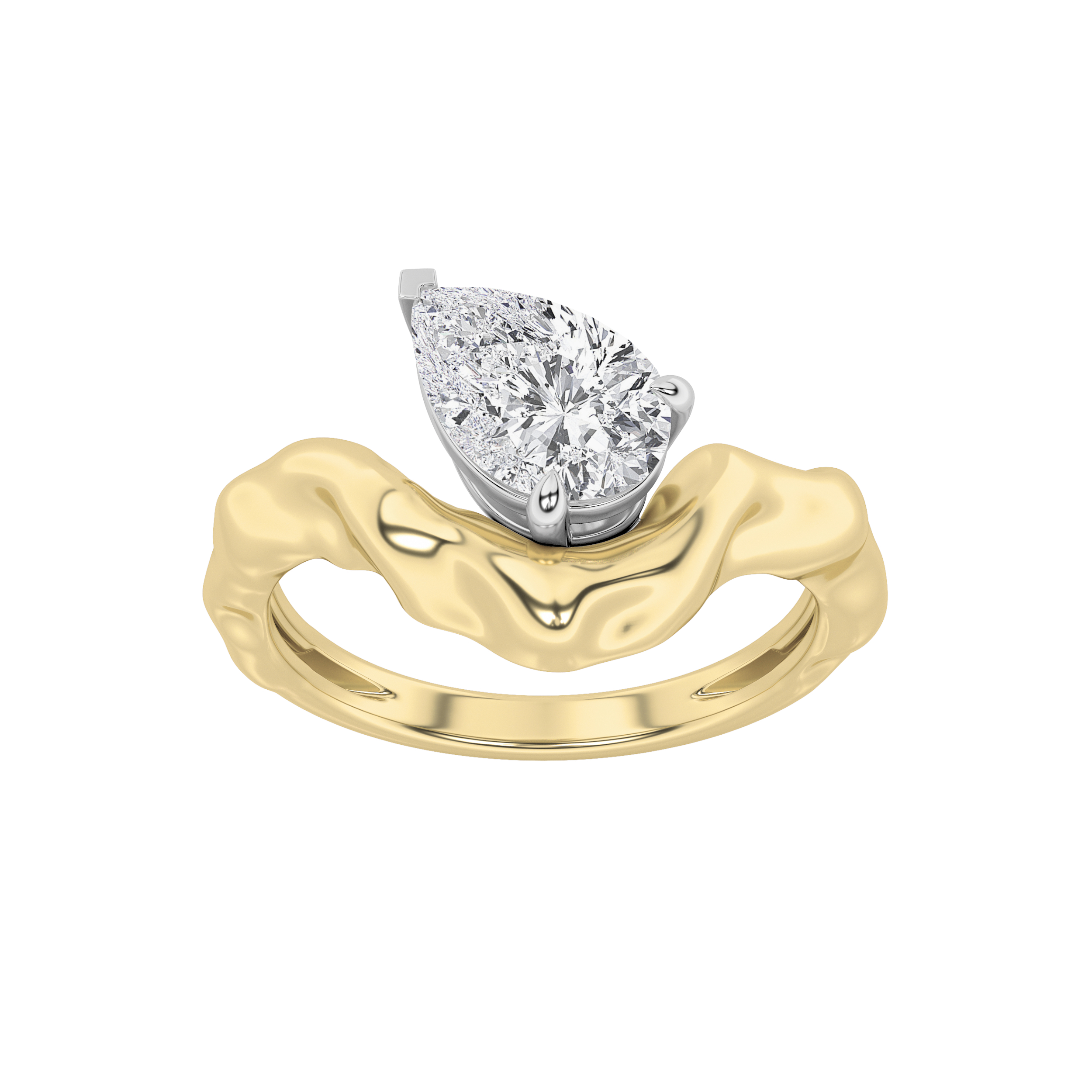1Cttw Pear Shaped Lab Grown Diamond (F/VS) Organic Design Solitaire Engagement Ring in 14K Gold