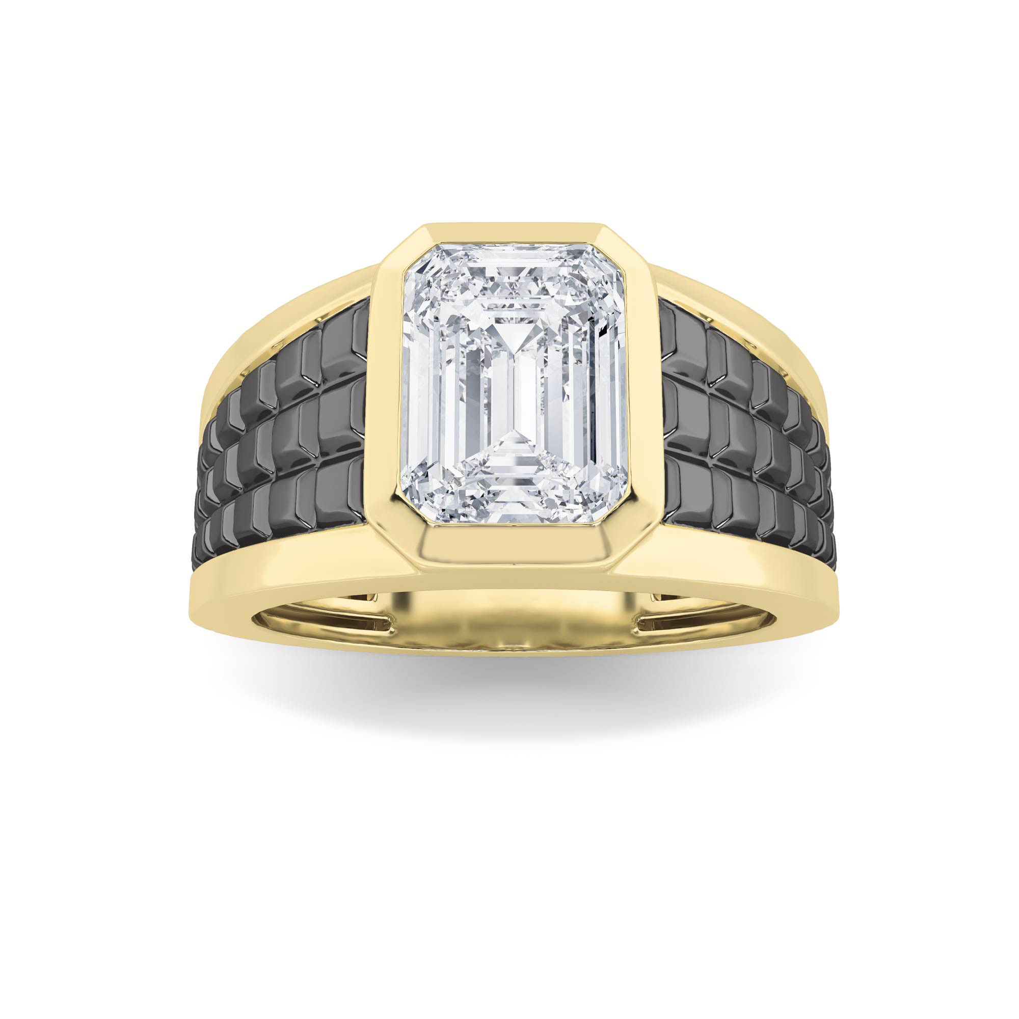 3Cttw Emerald Shaped Lab Grown Diamond (F/VS) Mens Ring in 14K Gold