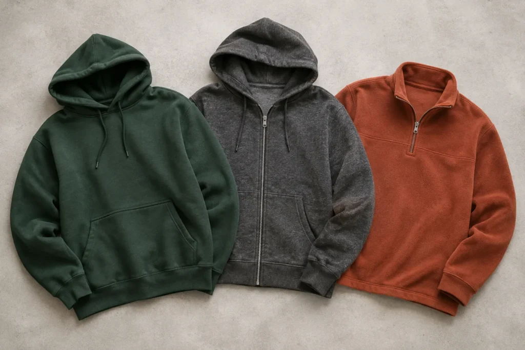 Pullover hoodie, full-zip hoodie and quarter-zip fleece arranged side by side