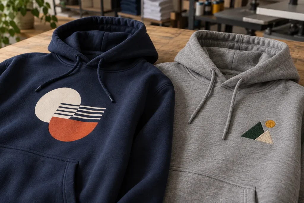 Navy screen printed hoodie beside a gray embroidered hoodie