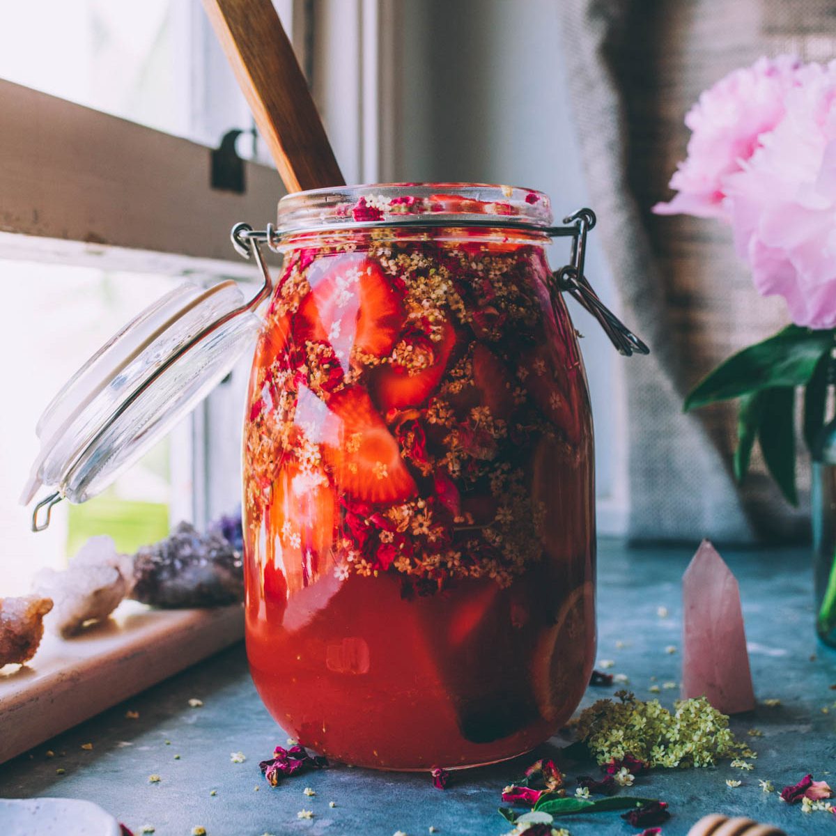 Homemade Strawberry Rose Elderflower Shrub & Mocktail My Tiny Laguna Kitchen