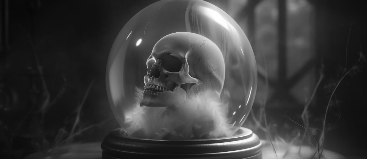 A crystal ball with a skull inside.