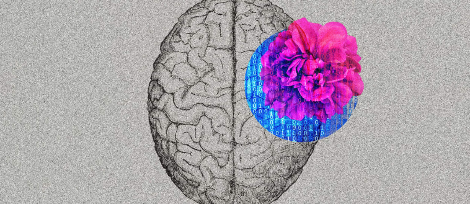 A flower blooms on a brain.