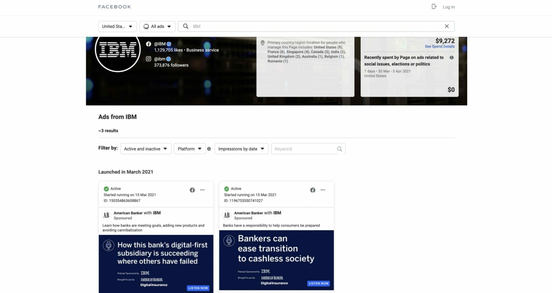 IBM ads on Facebook possible to see via Facebook Ads Library