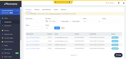 Razorpay dashboard