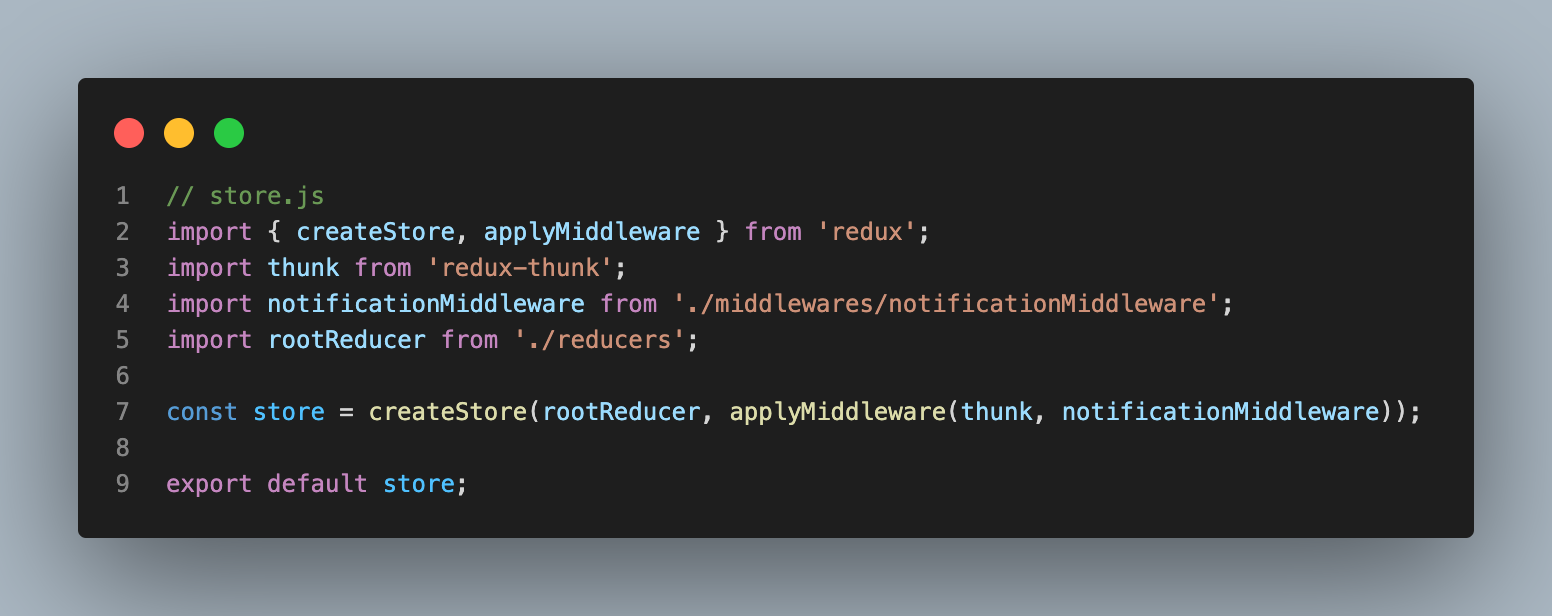 Configure the redux store with the notification middleware