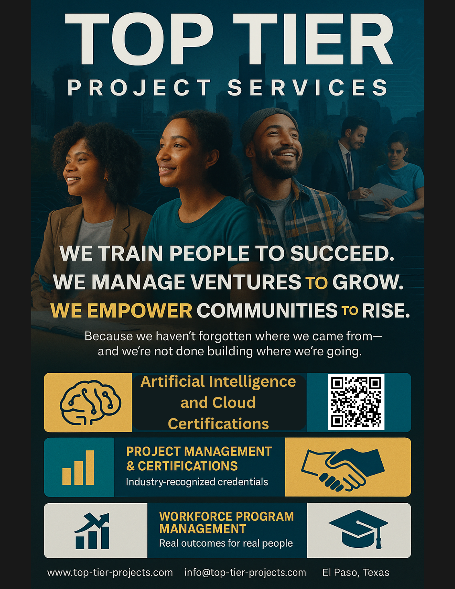 Top Tier Project Services flyer for training, workforce programs, AI, cloud, and project management certifications