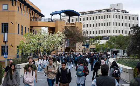 Students on Ring Road next to Aldrich Hall